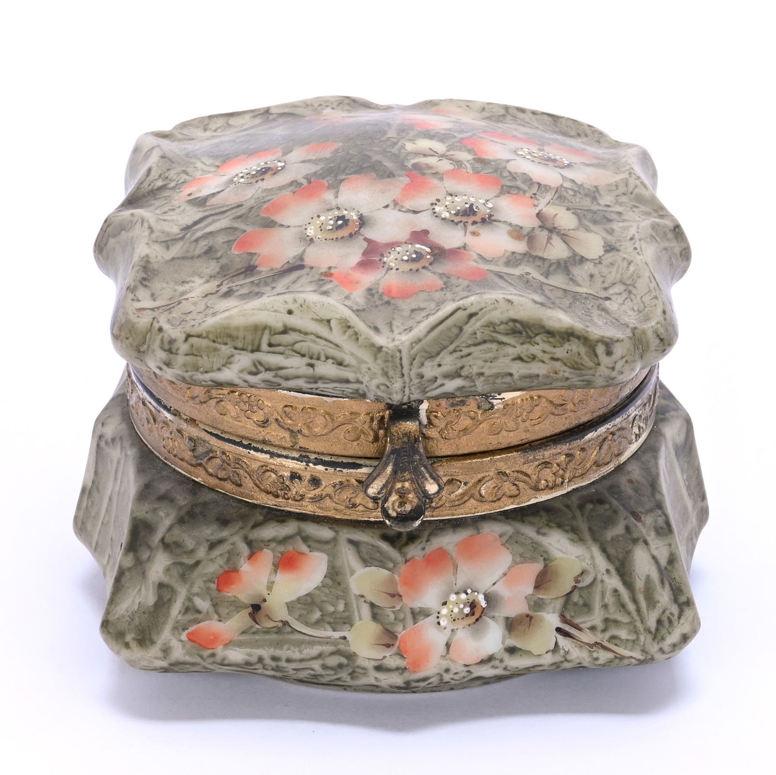 Square Jewel Box Marked Kelva, Green Mottled Ground, Floral Decor (1 of 4)