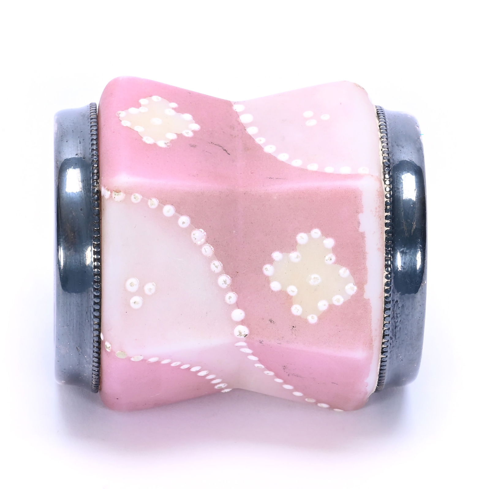 Napkin Ring, Unmarked Nakara, Six-Sided: Napkin Ring, Unmarked Nakara, Six-Sided, 2.25 x 2.25 x 2.25 Inches, Two-Tone Pink With Cream And White Beaded Enamel Highlights, 0.2 Pounds, Susie Cessarini Collection, MD.