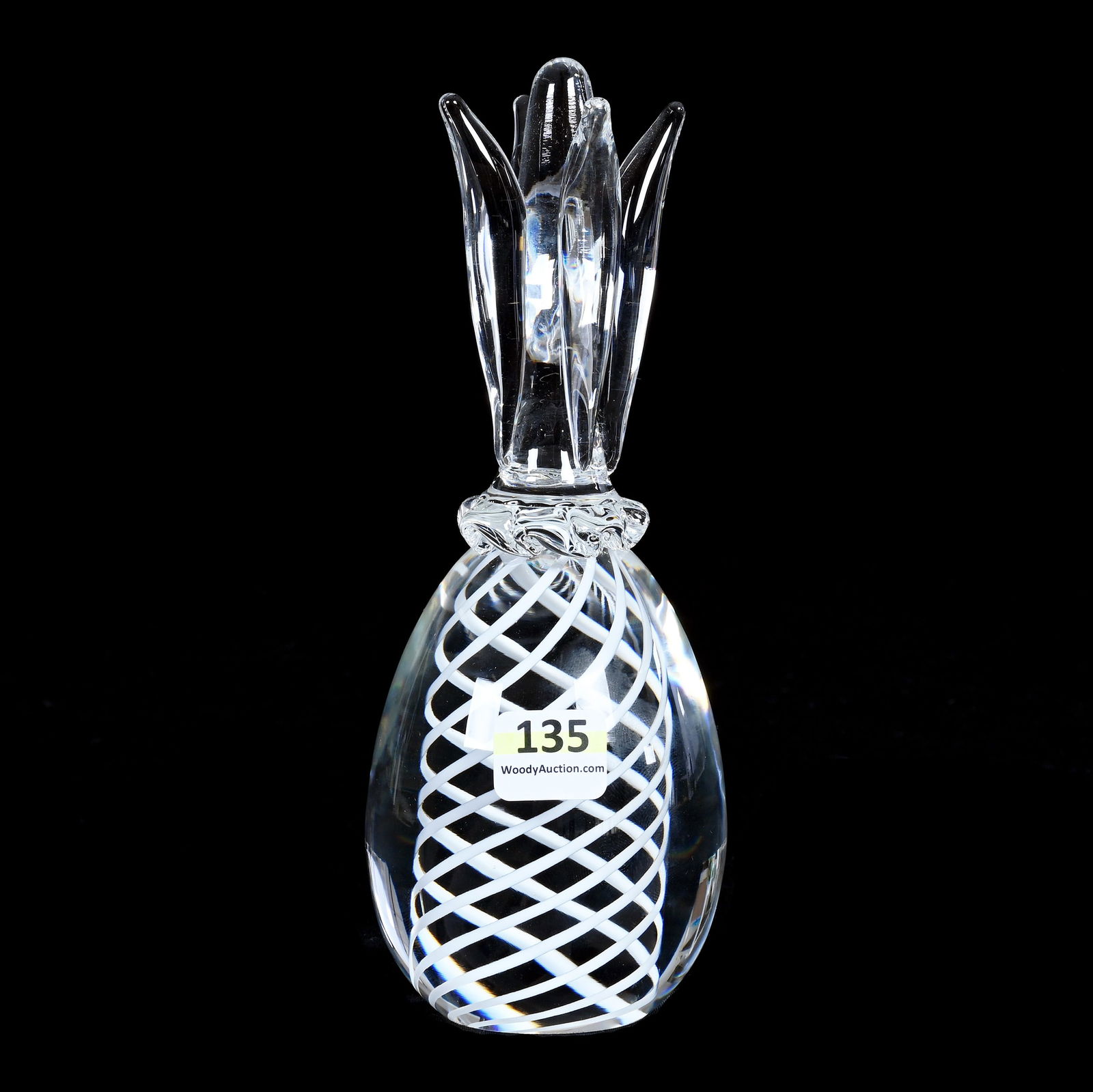 Figural Paperweight, Signed Steuben: Figural Paperweight, Signed Steuben, 7.5 x 2.75 x 2.75 Inches, Clear Crystal Art Glass With White Ribbon Design, Pineapple Form, 2.3 Pounds, Kansas Private Collection.