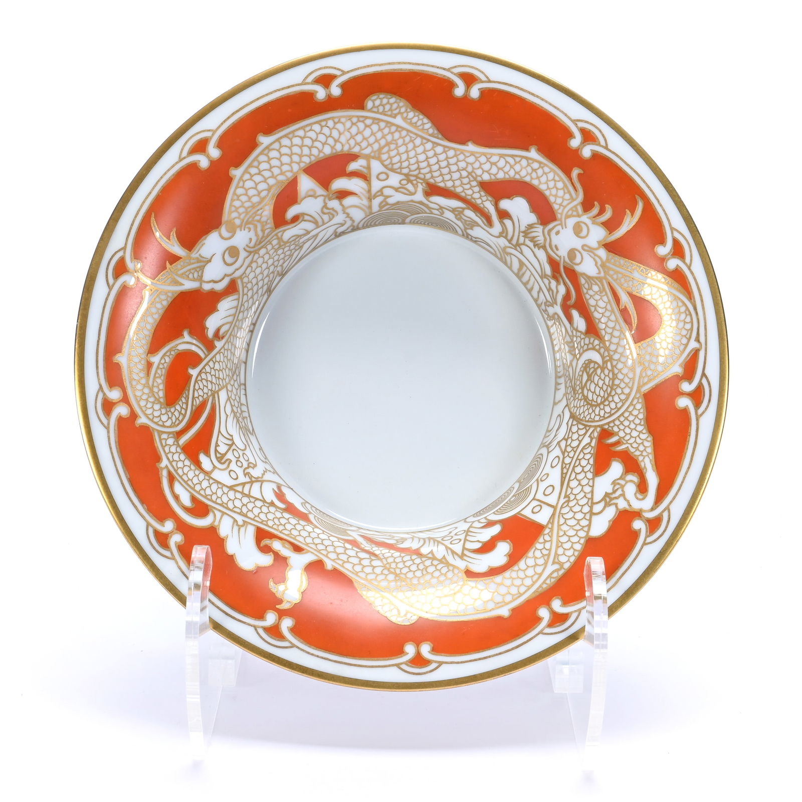 Bowl, Marked Rosenthal: Bowl, Marked Rosenthal, 3 x 8.5 x 8.5 Inches, Orange And White Gold Stencil Dragon Decor, Labeled Rosenthal-Rot, Circa 1920s Designed By Hans Schiffner, 1.8 Pounds, Kansas Private Collection.