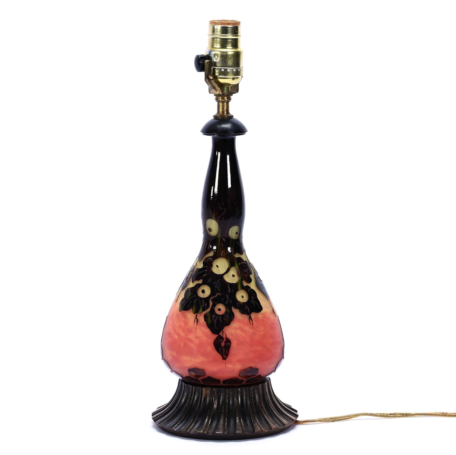 Lamp Base, Unmarked Leverre Francais, French Cameo Art Glass: Lamp Base, Unmarked Leverre Francais, French Cameo Art Glass, 16 x 6 x 6 Inches, Yellow And Orange Background With Amethyst Cut Back Overlay, Chene Pattern, Vase Conversion, 3 Pounds, Kansas Private C