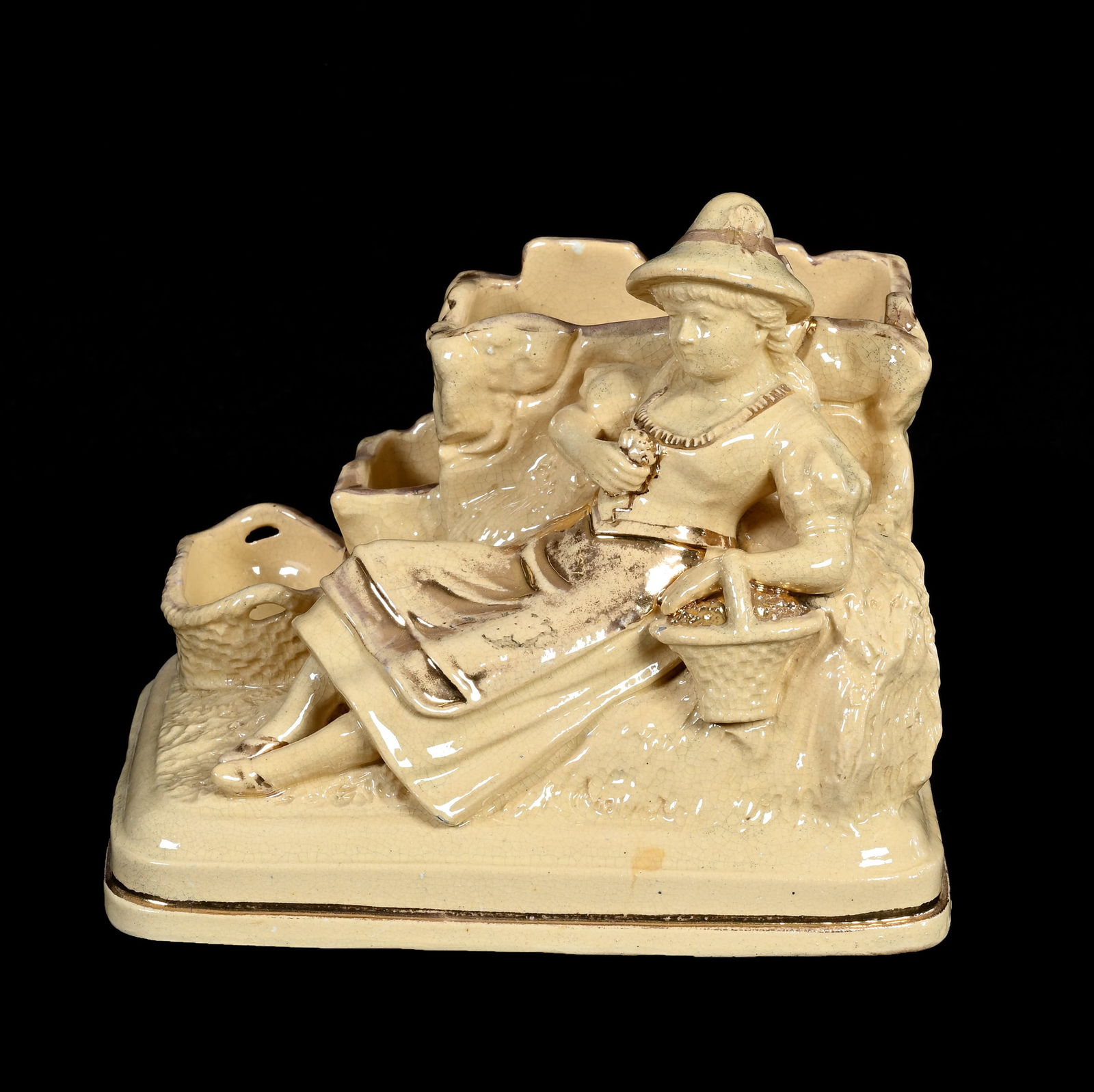 Figural Planter, Unmarked German Or Austrian Ceramic #2375: Figural Planter, Unmarked German Or Austrian Ceramic #2375, 6.25 x 7.25 x 5.75 Inches, Young Woman With Flower Basket Leaning Against Rock Wall, 2.5 Pounds, Kansas Private Collection.