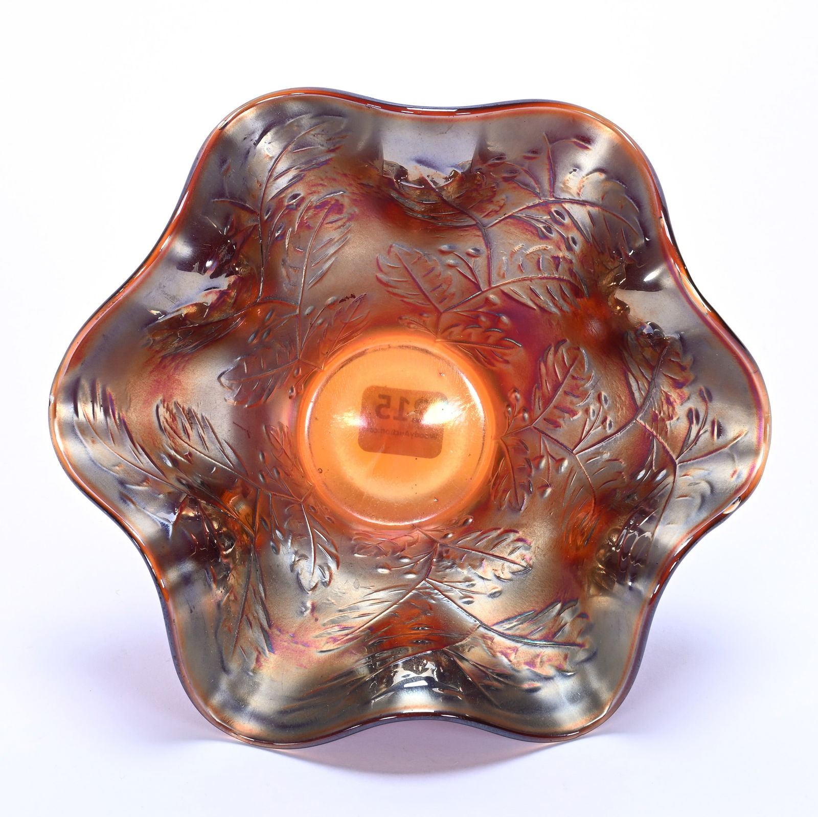 Hat, Carnival Glass, Holly Pattern By Fenton: Hat, Carnival Glass, Holly Pattern By Fenton, 3 x 6.5 x 6.5 Inches, Amberina, 0.7 Pounds, Stan Warren Collection.