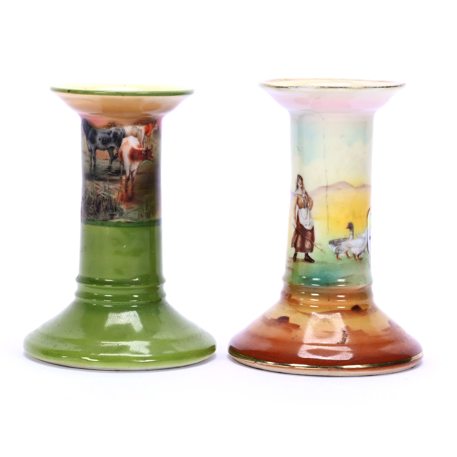 (2) Candlestick Holders, Royal Bayreuth Blue Mark: (2) Candlestick Holders, Royal Bayreuth Blue Mark, 4 x 3 x 3 Inches, (1) Goose Girl Scenic Decor Brown And Yellow Tones, (1) Cattle Scene Green Background, Slight Height Variations, 0.6 Pounds,