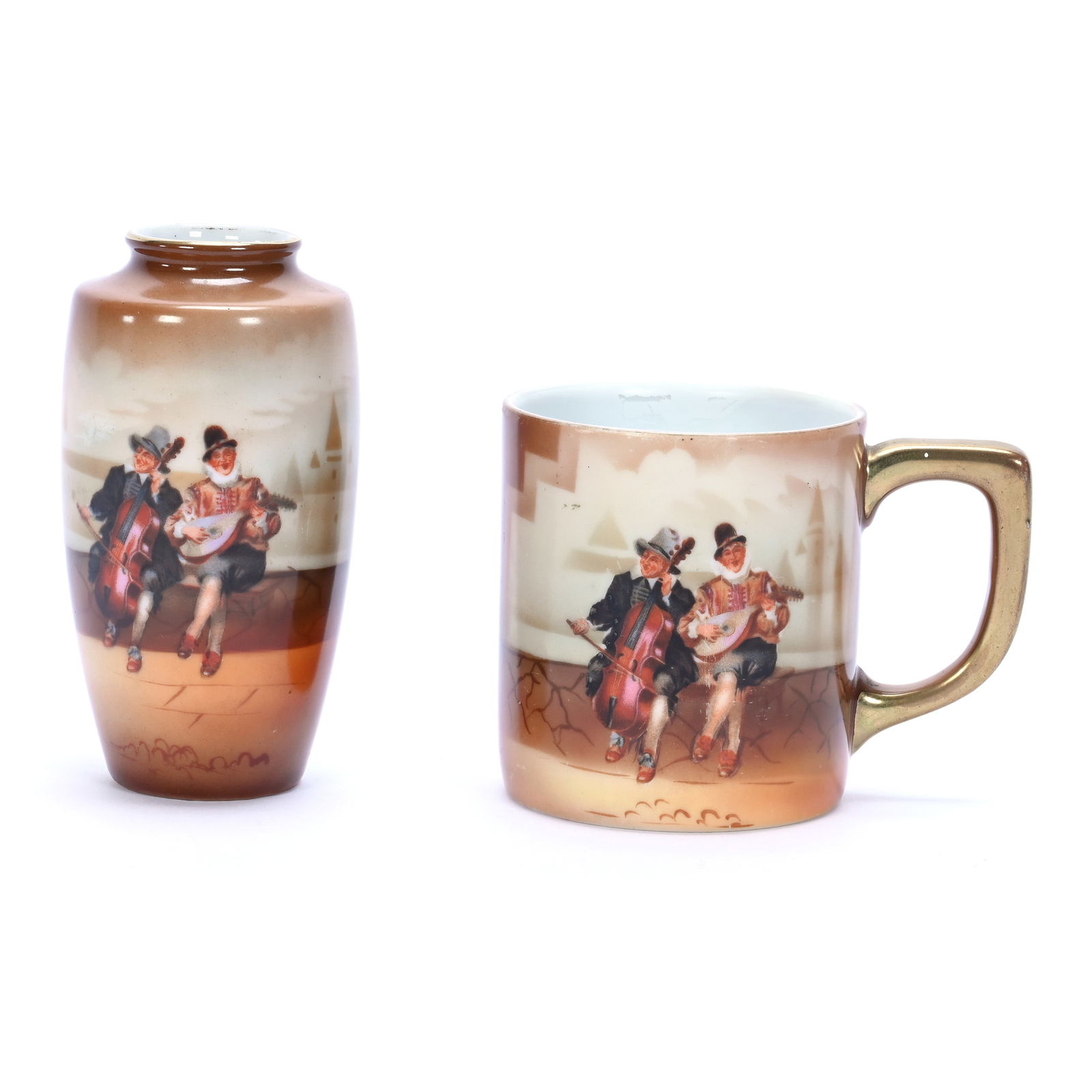 (2) Royal Bayreuth Items, Musician Scenic Decor With Brown Tones: (2) Royal Bayreuth Items, Musician Scenic Decor With Brown Tones, (1) 4.5" x 2.5" Vase, Green Mark, (1) 3.25" x 4.5" Mug, Blue Mark, 0.7 Pounds, Private PA Collection.