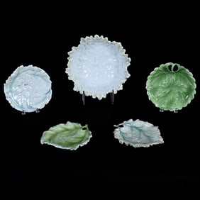 (5) Plates And Bowls, Royal Bayreuth Blue Mark, Various Leaf Mold