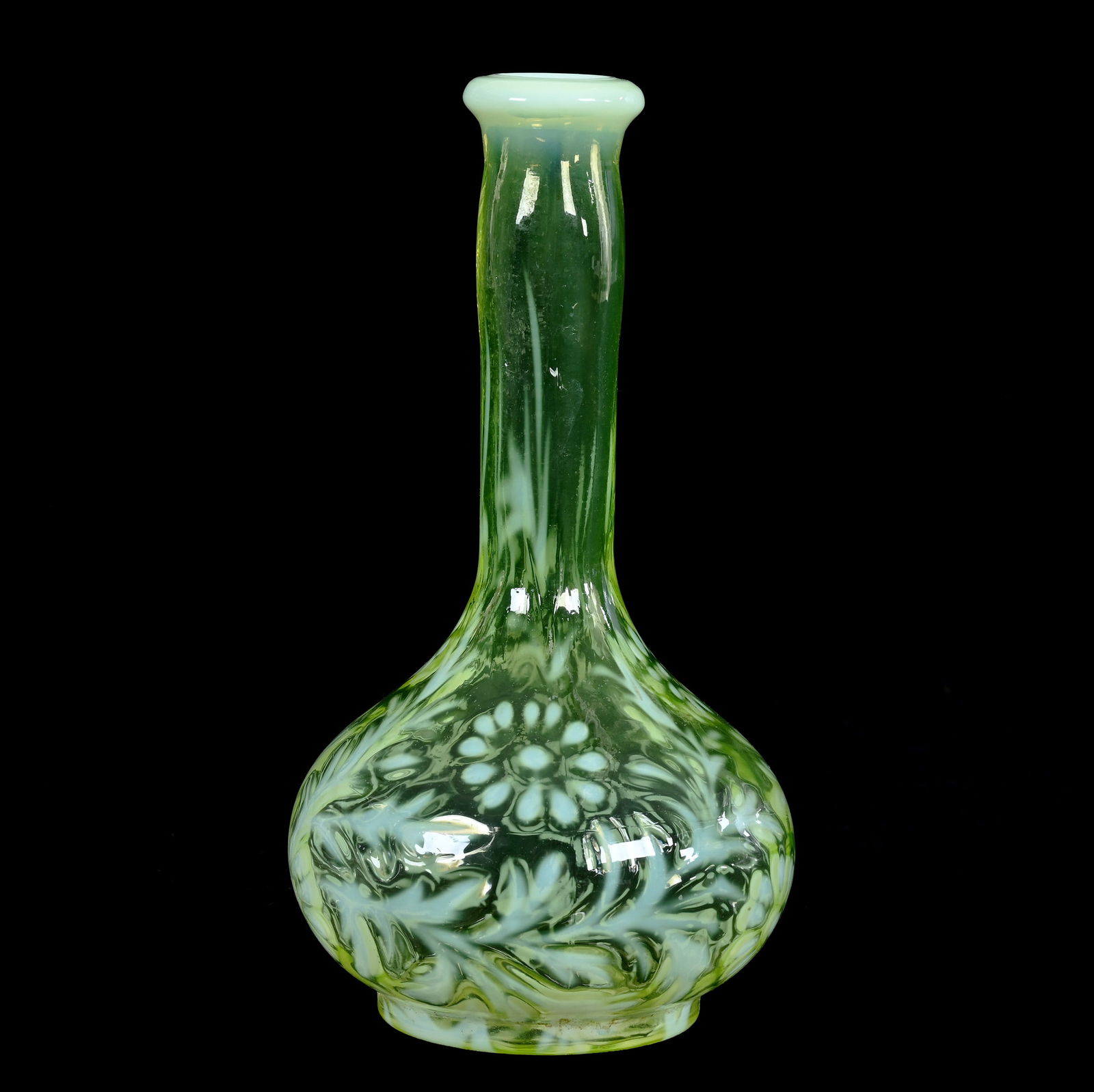 Barber's Bottle, Vaseline Opalescent Daisy And Fern Pattern: Barber's Bottle, Vaseline Opalescent Daisy And Fern Pattern, 7.5 x 4 x 4 Inches, No Top, Highly Reactive Under Blacklight, 0.6 Pounds, Susie Cessarini Collection, MD.