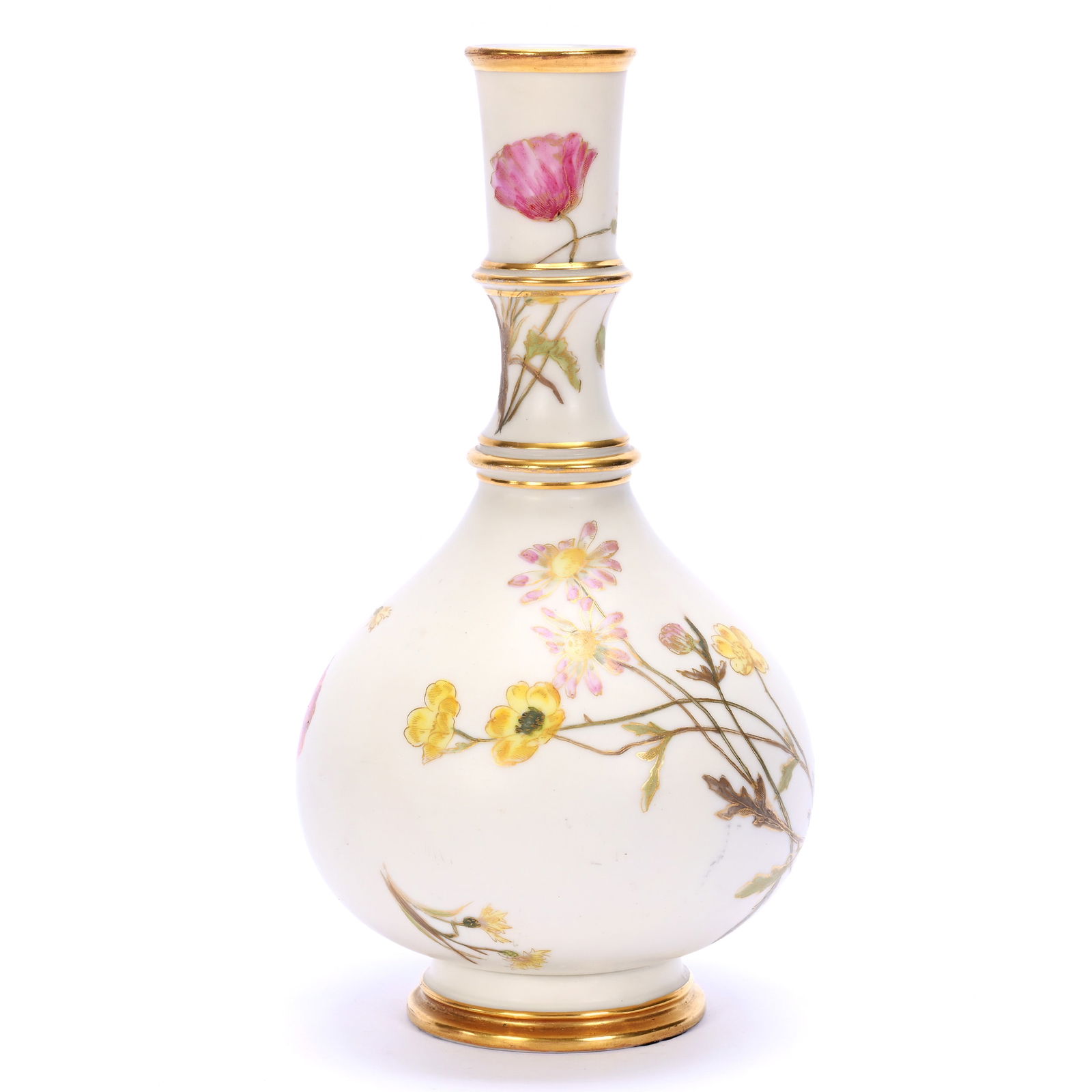 Vase, Marked Royal Worcester #1163: Vase, Marked Royal Worcester #1163, 9 x 4.5 x 4.5 Inches, Cream Tones With Colorful Floral Decor, 1 Pound, Susie Cessarini Collection, MD.