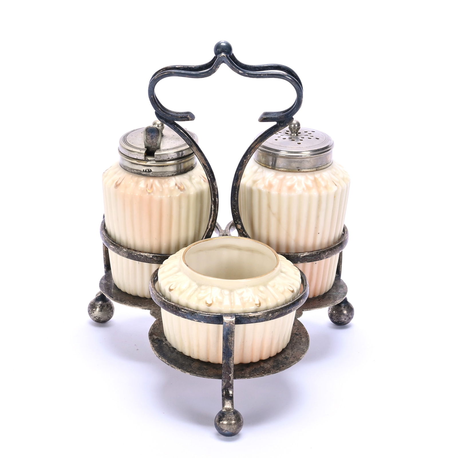 Condiment Set, Locke & Company Worcester, Shrub Hill Works: Condiment Set, Locke & Company Worcester, Shrub Hill Works, 6.25 x 5 x 5.75 Inches, Inserts Featuring Open Salt, Pepper Shaker, And Mustard, Set On English Silver Plate Frame, Pepper Shaker With Hairl