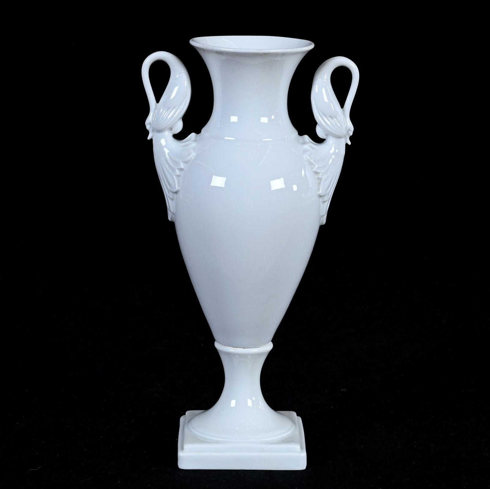 Pedestal Two Handled Vase, Marked Alboth & Kaiser: Pedestal Two Handled Vase, Marked Alboth & Kaiser, 11.25 x 5.75 x 4 Inches, Figural Peacock Handles, All White, 1.4 Pounds, Susie Cessarini Collection, MD.