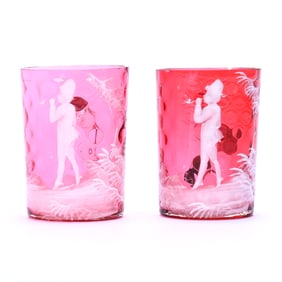 (2) Mugs, Cranberry Coinspot Art Glass With Clear Attached Handles