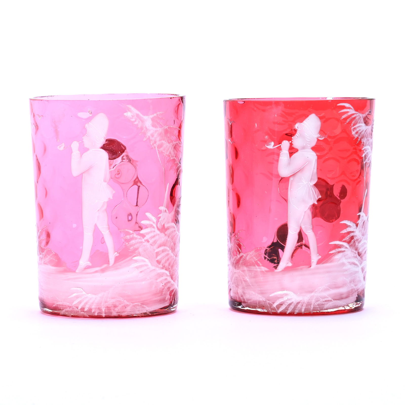 (2) Mugs, Cranberry Coinspot Art Glass With Clear Attached Handles: (2) Mugs, Cranberry Coinspot Art Glass With Clear Attached Handles, 4.25 x 2.5 x 2.5 Inches, Enameled Mary Gregory Decor Featuring Young Boy Smoking Pipe, One With Interior Rim Chip, 0.9 Pounds,