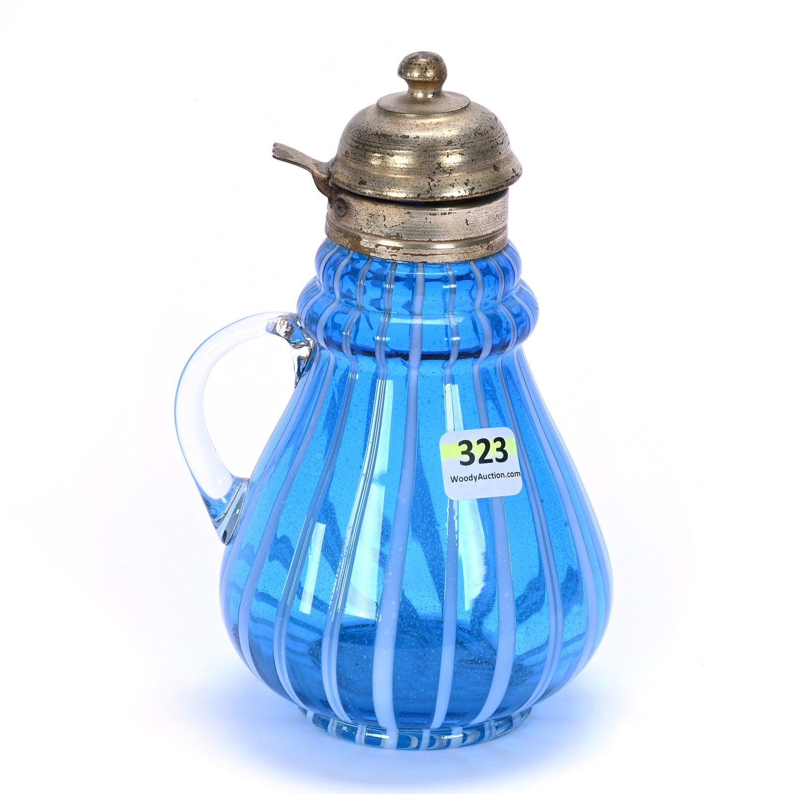 Syrup Pitcher, Blue Opalescent Striped Art Glass: Syrup Pitcher, Blue Opalescent Striped Art Glass, 7 x 4.25 x 4 Inches, Ring Neck, Metal Flip Lid, 0.9 Pounds, Susie Cessarini Collection, MD.