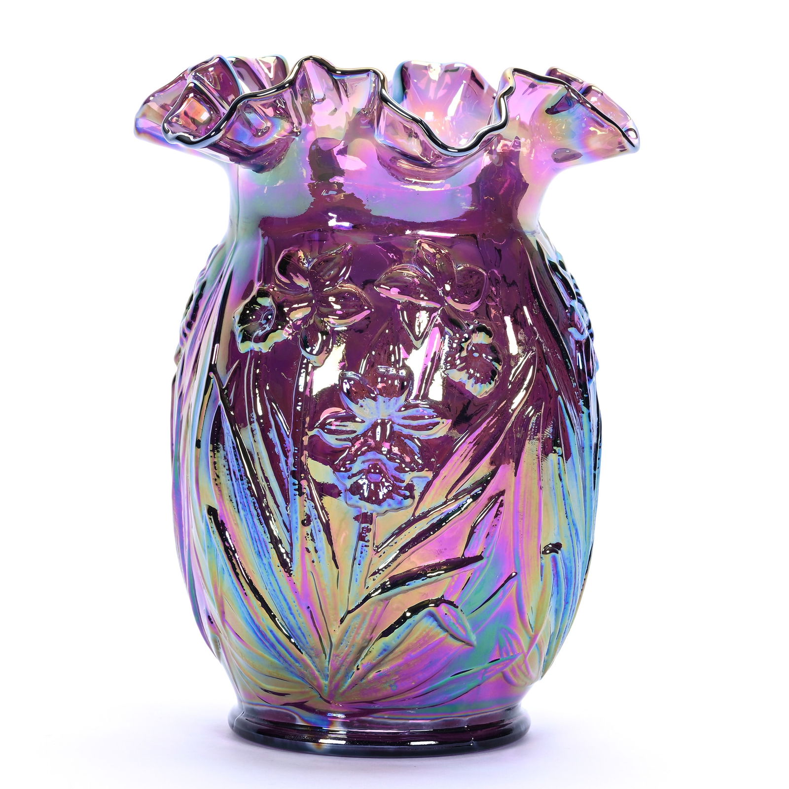 Vase, Contemporary Carnival Glass By Fenton: Vase, Contemporary Carnival Glass By Fenton, 8 x 6.25 x 6.25 Inches, Daffodil Pattern, Amethyst, 1.8 Pounds, Hazel Elaine Carlson Estate.