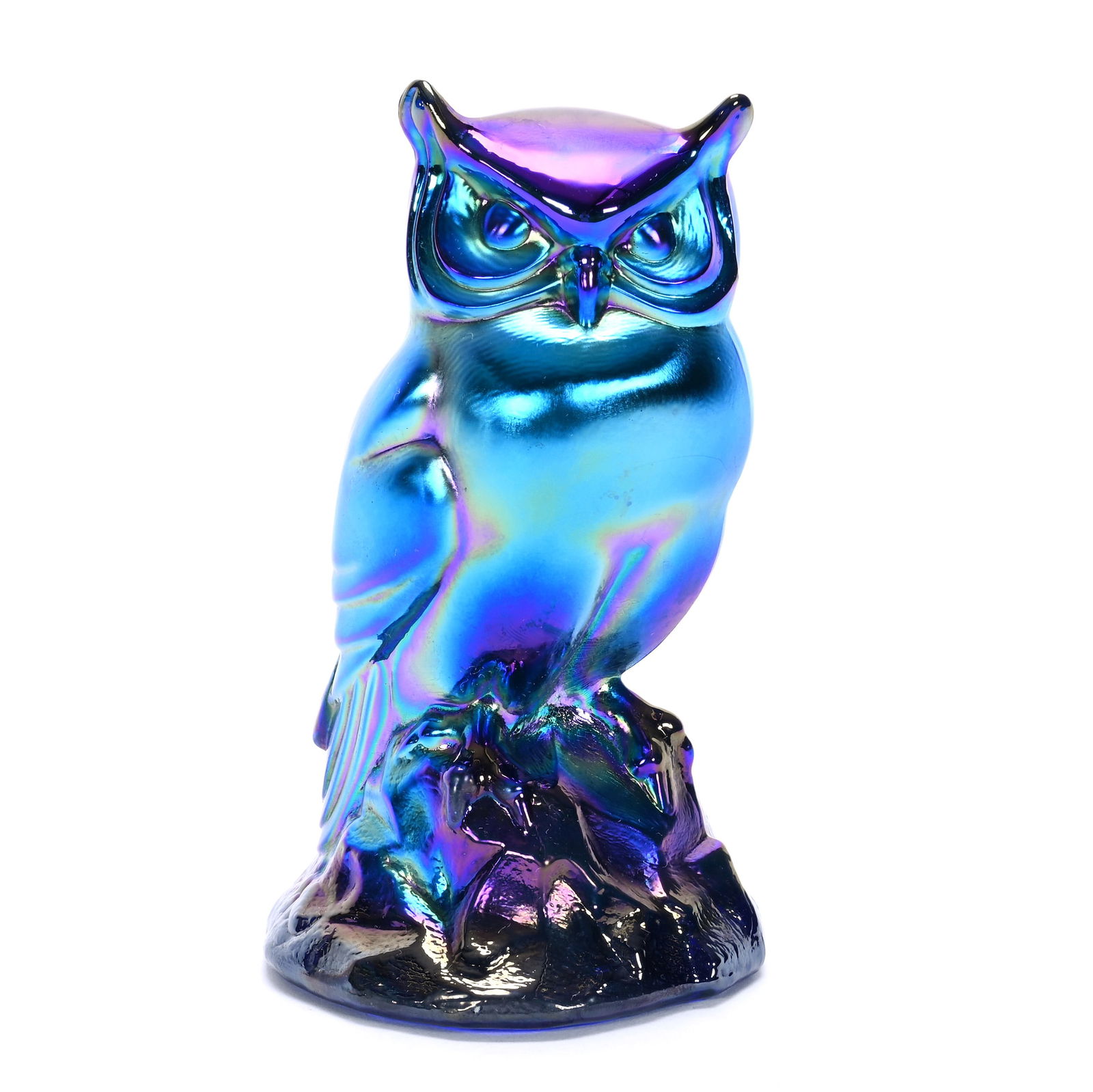 Figurine, Contemporary Carnival Glass, Limited Edition: Figurine, Contemporary Carnival Glass, Limited Edition, 5.5 x 3 x 3 Inches, Blue Owl, Highly Iridescent, Marked Fenton Favrene Glass #113 Of 1500, Sells With Original Box And Original Certificate Of