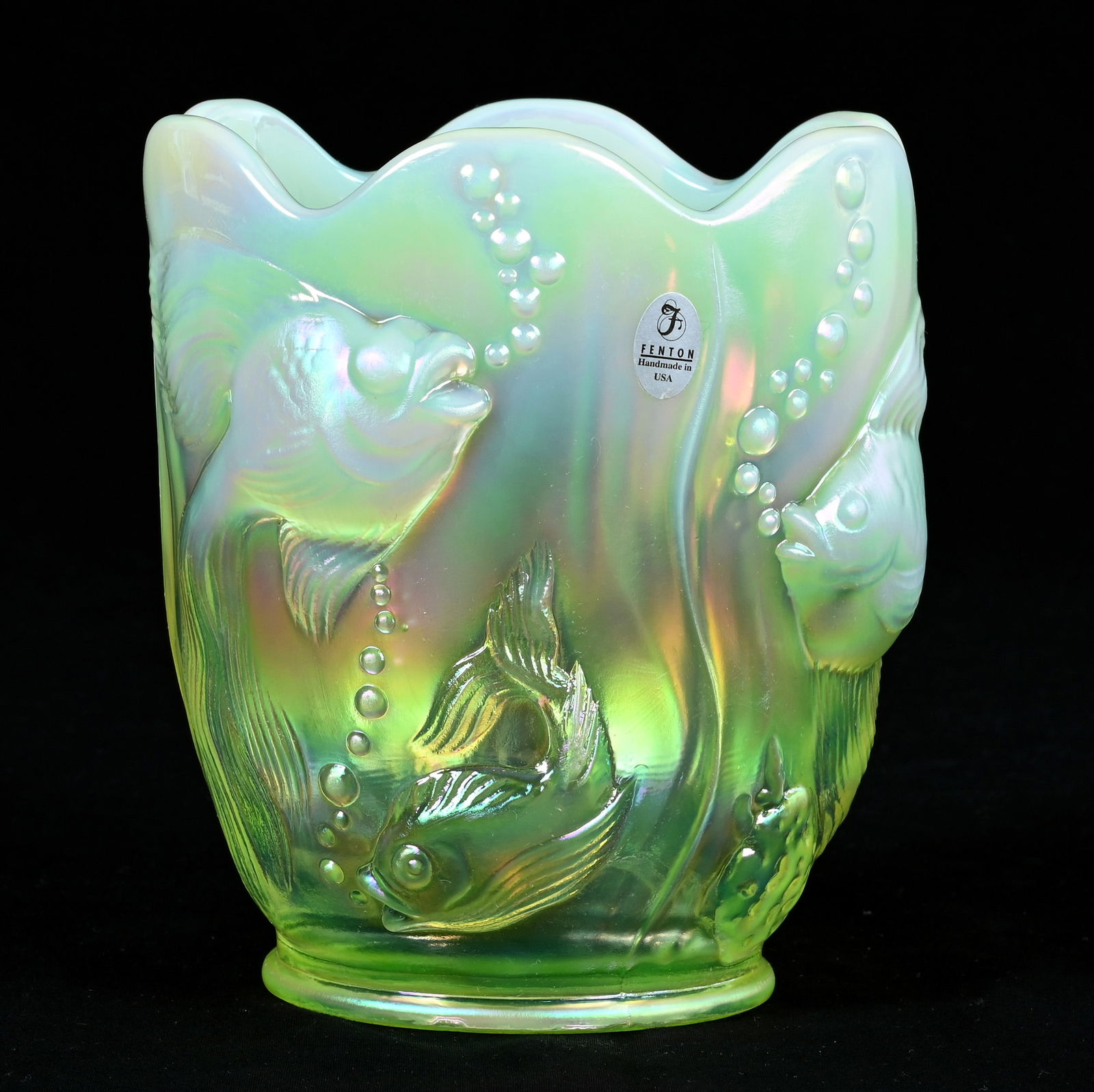 Vase, Contemporary Carnival Glass By Fenton: Vase, Contemporary Carnival Glass By Fenton, 6.5 x 5.75 x 5.75 Inches, Atlantis Koi Fish, Iridescent Topaz Satin, Sells With Original Box 8.5" x 6" x 6.25", Highly Reactive Under Black Light, 3.5