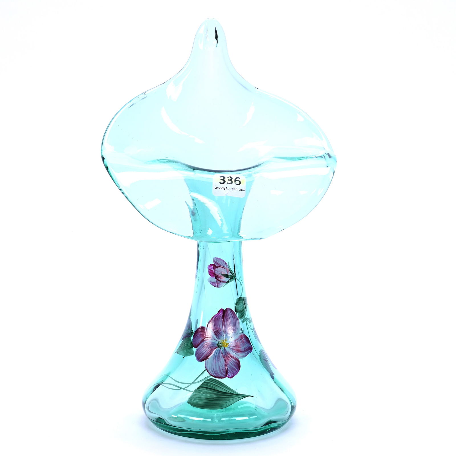 Jack And Pulpit Vase, Contemporary Fenton Art Glass, Artist Signed J.K. Spindler: Jack And Pulpit Vase, Contemporary Fenton Art Glass, Artist Signed J.K. Spindler, 11 x 6.25 x 4.25 Inches, Aqua Green With Hand Painted Floral Decor, 1.6 Pounds, Hazel Elaine Carlson Estate.