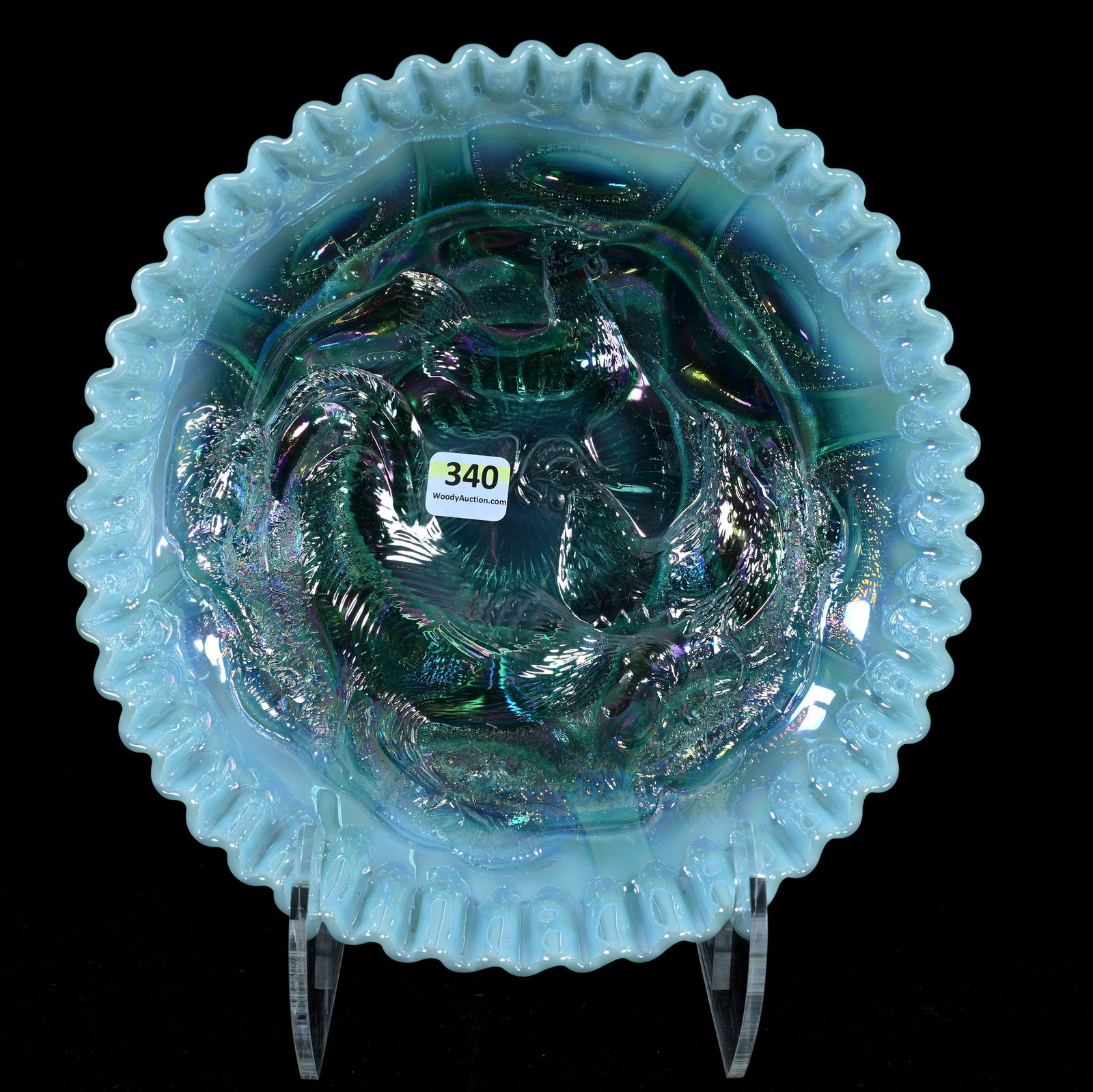 Bowl, Contemporary Carnival Glass By Fenton, Made For Singleton Bailey: Bowl, Contemporary Carnival Glass By Fenton, Made For Singleton Bailey, 9.25 x 9.25 x 3 Inches, Sea Mist Opalescent, Dugan's Farmyard Mold, Pie Crust Edge, Jeweled Heart Exterior, 2.3 Pounds, Hazel El