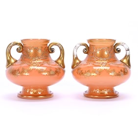 Pair Two Handled Vases, Apricot Opalescent Art Glass