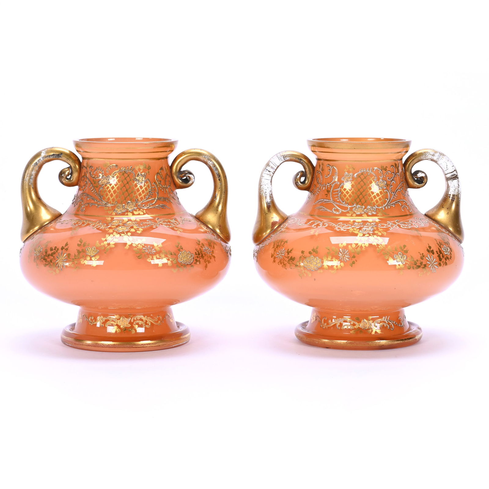 Pair Two Handled Vases, Apricot Opalescent Art Glass: Pair Two Handled Vases, Apricot Opalescent Art Glass, 5 x 5 x 5 Inches, Enameled Floral Decor, Gold Highlights, Attributed To Bohemia, Circa 1910's, 2.2 Pounds, Hazel Elaine Carlson Estate.
