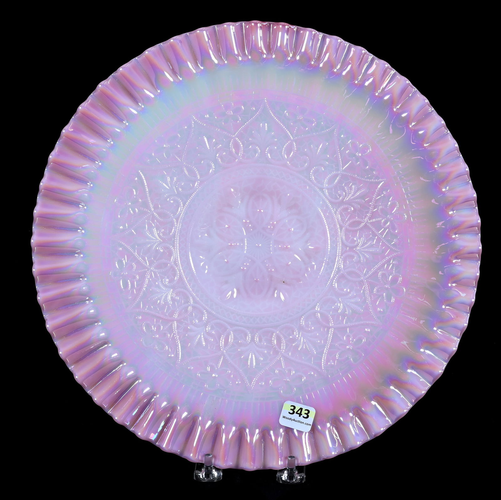 Pedestal Chop Plate, Contemporary Carnival Glass By Fenton, Hearts And Flowers Pattern: Pedestal Chop Plate, Contemporary Carnival Glass By Fenton, Hearts And Flowers Pattern, 12 x 12 x 1.75 Inches, Pink Opalescent, Pie Crust Edge, 3.3 Pounds, Hazel Elaine Carlson Estate.