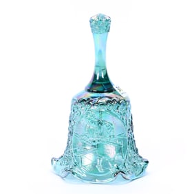 Bell, Contemporary Carnival Glass By Fenton, Spruce Green Color, Cape Cod Craftsman Design, C. 1999