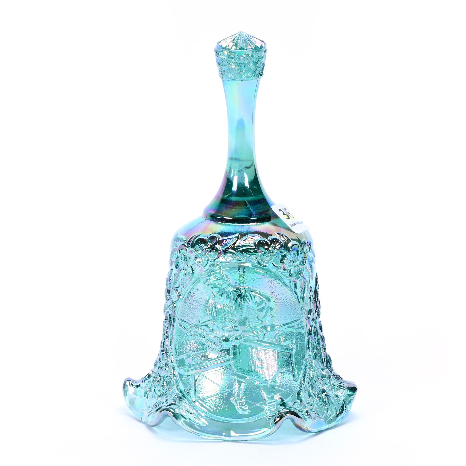 Bell, Contemporary Carnival Glass By Fenton, Spruce Green Color, Cape Cod Craftsman Design, C. 1999: Bell, Contemporary Carnival Glass By Fenton, Spruce Green Color, Cape Cod Craftsman Design, C. 1999, 7 x 3.75 x 3.75 Inches, 0.8 Pounds, Hazel Elaine Carlson Estate.