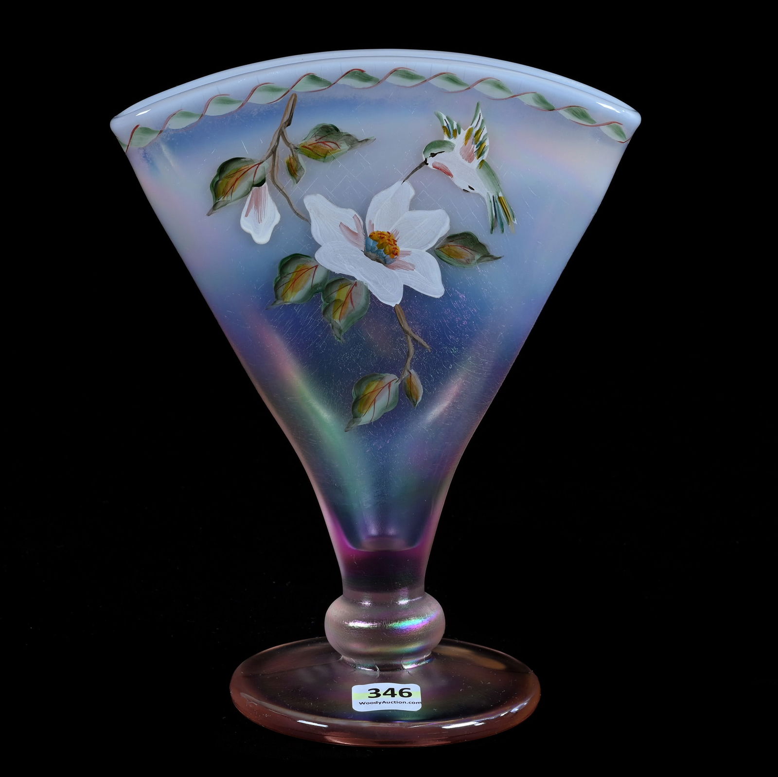 Fan Vase, Contemporary Carnival Glass By Fenton, Pink Opalescent, Dated 1966 Limited Edition #1066 (1 of 4)