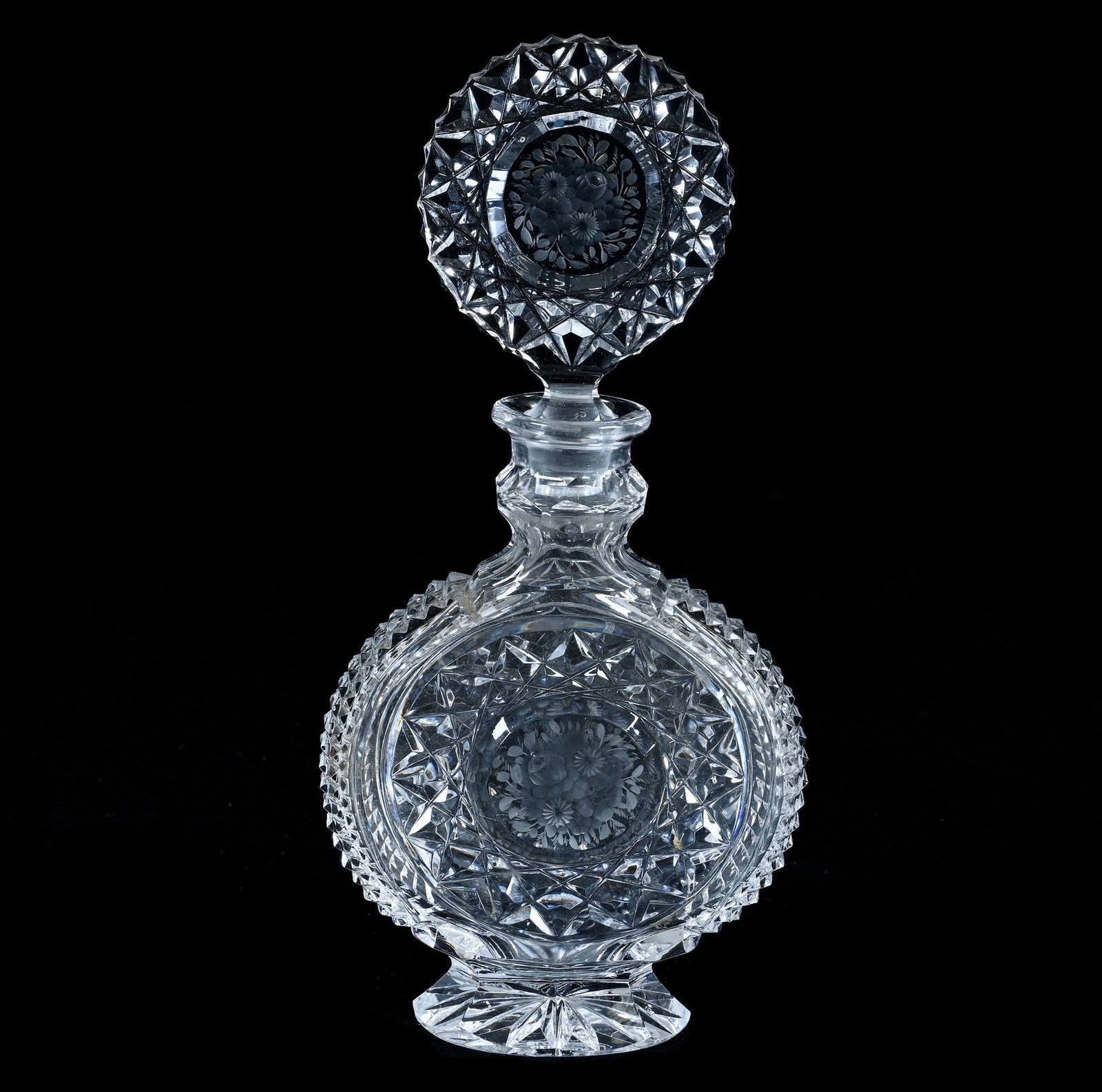 Flask Shaped Perfume Bottle, Cut Glass, Signed Czechoslovakia: Flask Shaped Perfume Bottle, Cut Glass, Signed Czechoslovakia, 8.75 x 4.25 x 2 Inches, Clear With Geometric Cut Design And Engraved Floral Medallion Highlights, Pattern Matched Stopper, 1.2 Pounds,