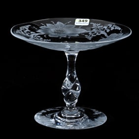 Compote, American Brilliant Cut Glass, Signed Libbey, Engraved Floral Decor With Twist Stem