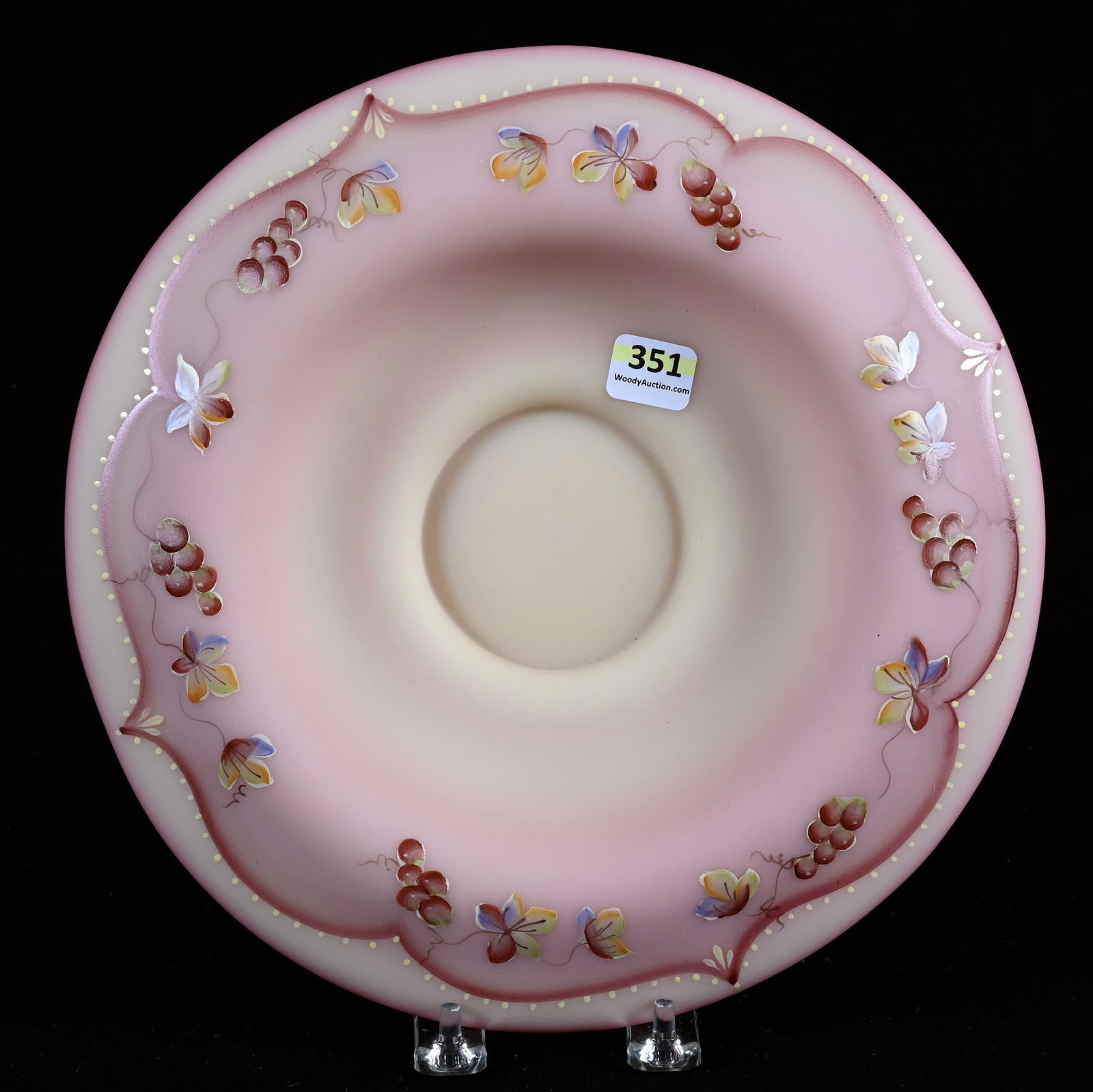 Bowl, Contemporary Fenton, Decorated Burmese, Limited Edition #586 Of 790: Bowl, Contemporary Fenton, Decorated Burmese, Limited Edition #586 Of 790, 10.25 x 10.25 x 2 Inches, Hand Painted By J. Cunningham, 1.8 Pounds, Hazel Elaine Carlson Estate.