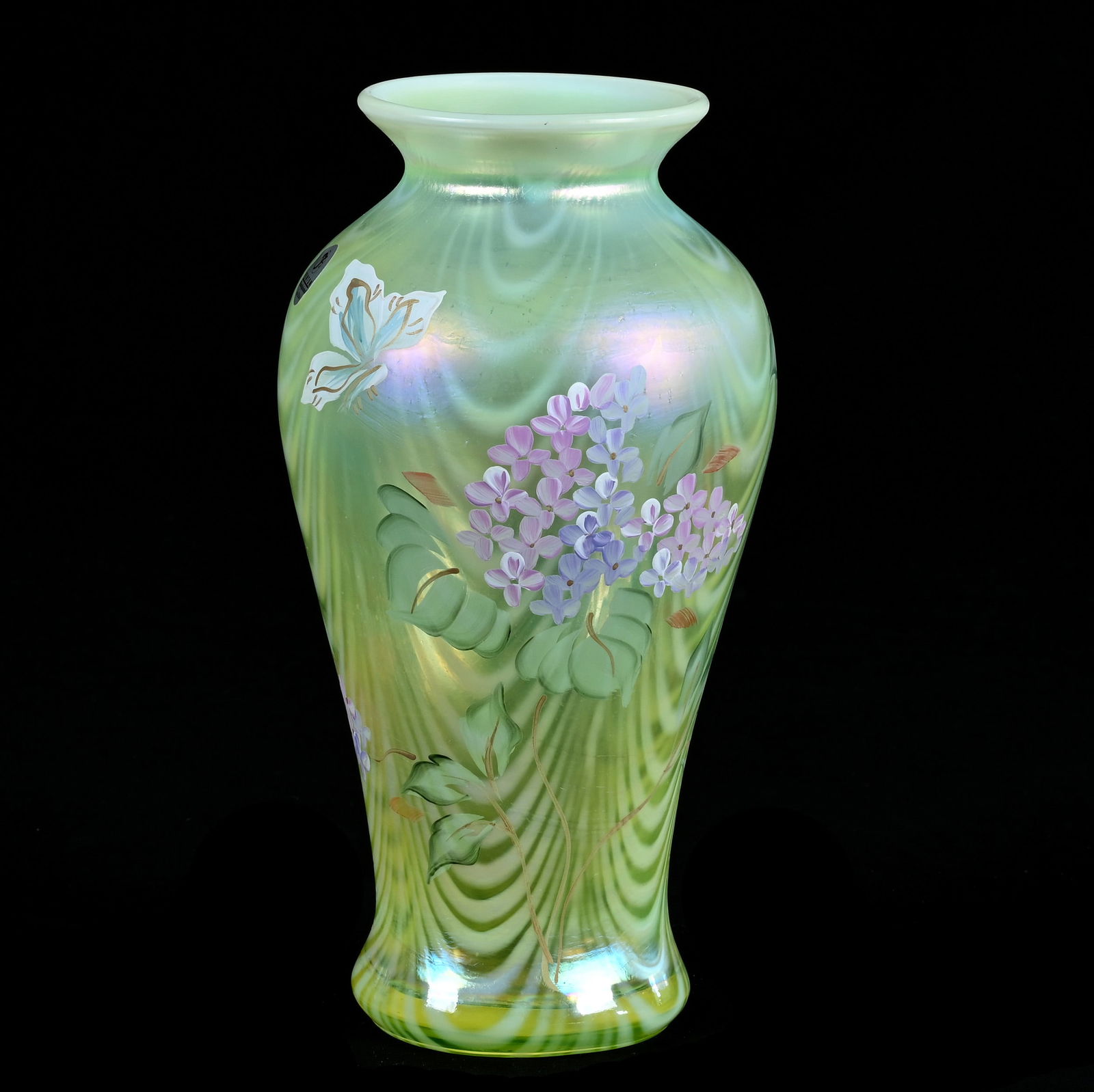 Vase, Contemporary Fenton, Vaseline Opalescent Pulled Loop Design: Vase, Contemporary Fenton, Vaseline Opalescent Pulled Loop Design, 9.5 x 5 x 5 Inches, Hand Painted Floral Decor, Artist Signed Sallmon, Fenton Calls This Color "Topaz", Highly Reactive Under