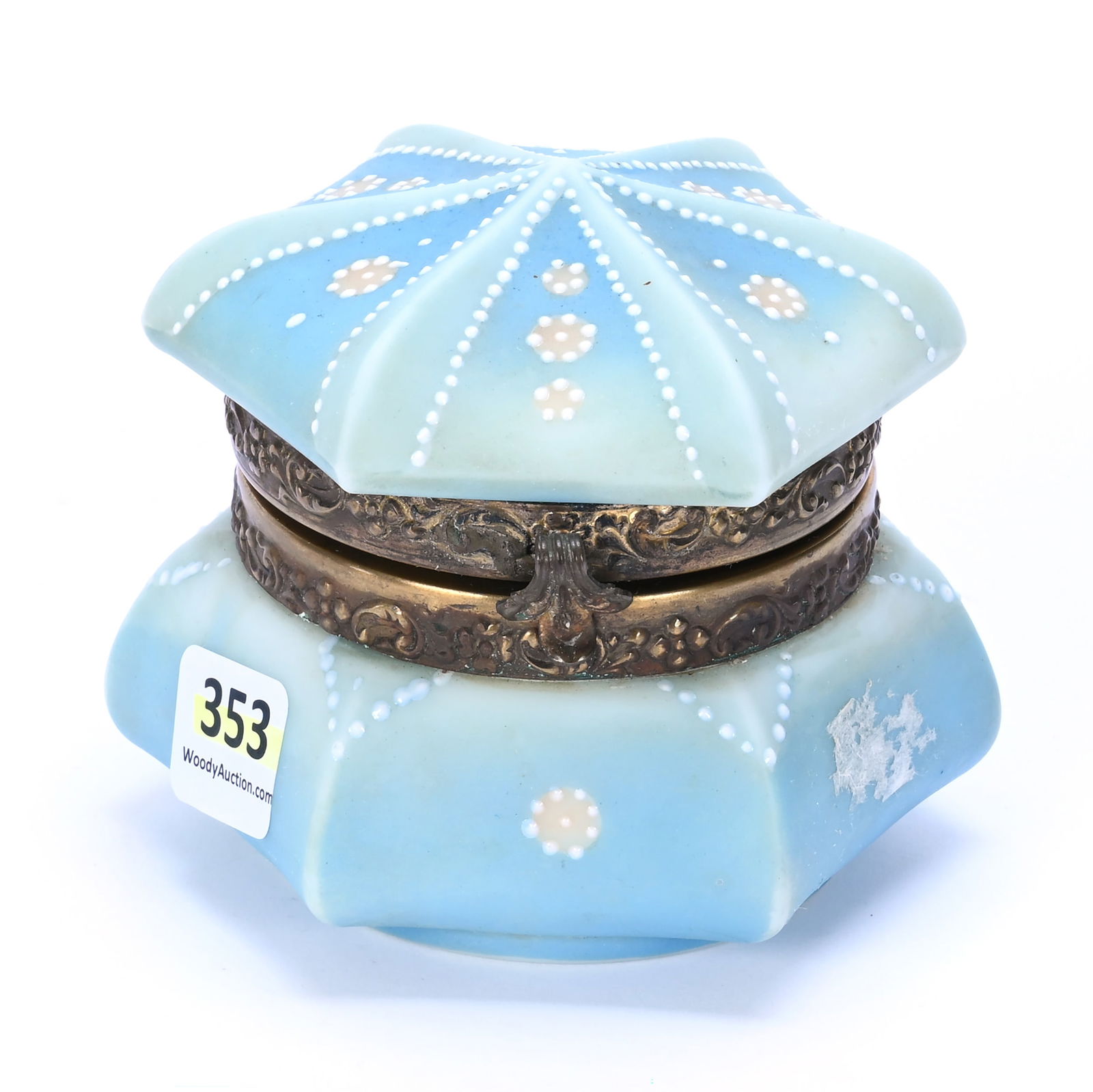 Six Sided Jewel Box, Marked Nakara: Six Sided Jewel Box, Marked Nakara, 3.25 x 4 x 4 Inches, Two Tone Blue With Cream And Beaded White Enamel Highlights, 0.7 Pounds, Hazel Elaine Carlson Estate.