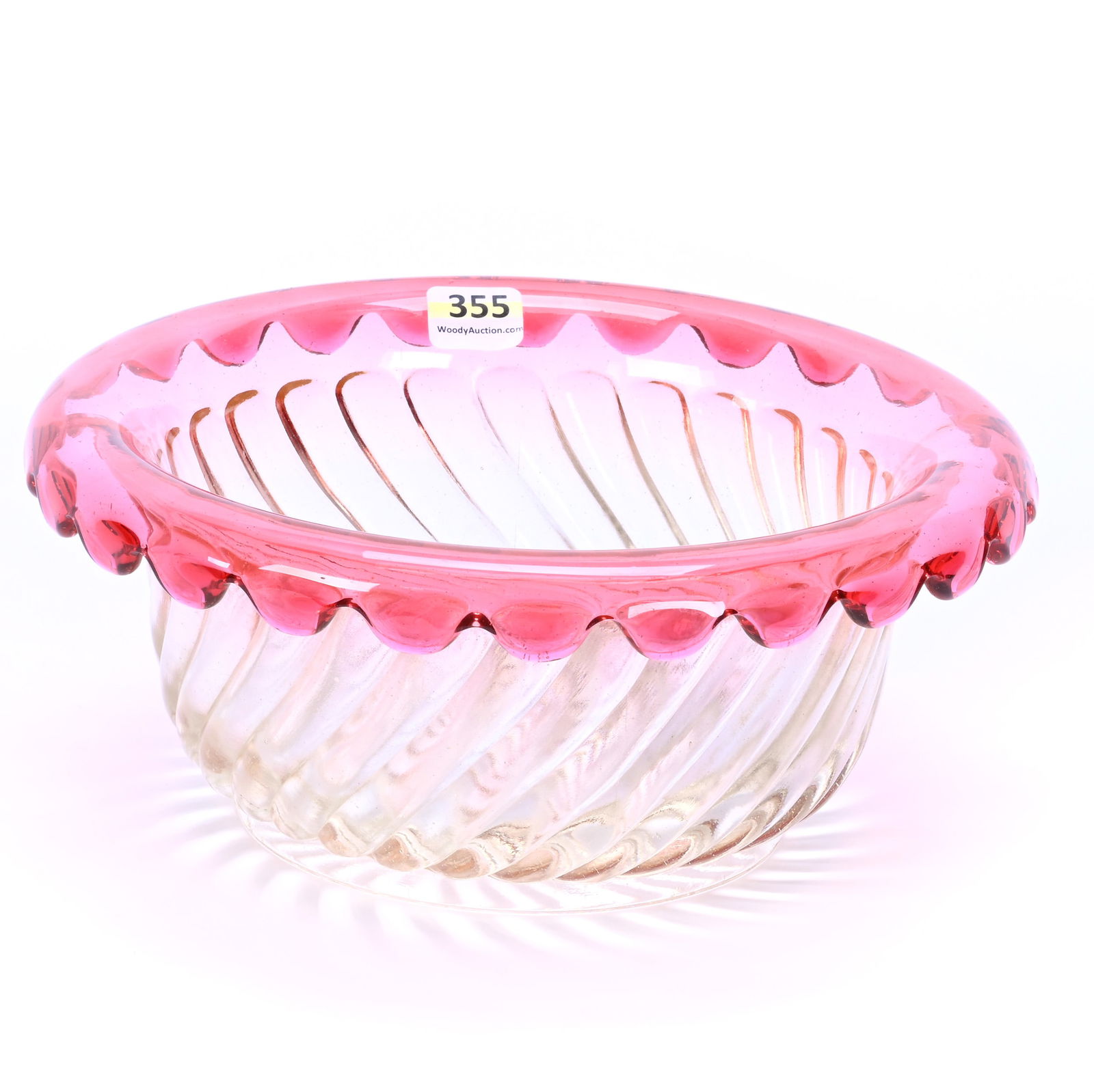 Rolled Rim Bowl, Marked Baccarat, Swirl Mold, Rose Tiente Color: Rolled Rim Bowl, Marked Baccarat, Swirl Mold, Rose Tiente Color, 3.75 x 8.75 x 8.75 Inches, 3.3 Pounds, Hazel Elaine Carlson Estate.