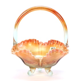 Footed Basket, Contemporary Carnival Glass, Drape Pattern By Fenton, Aqua Opal