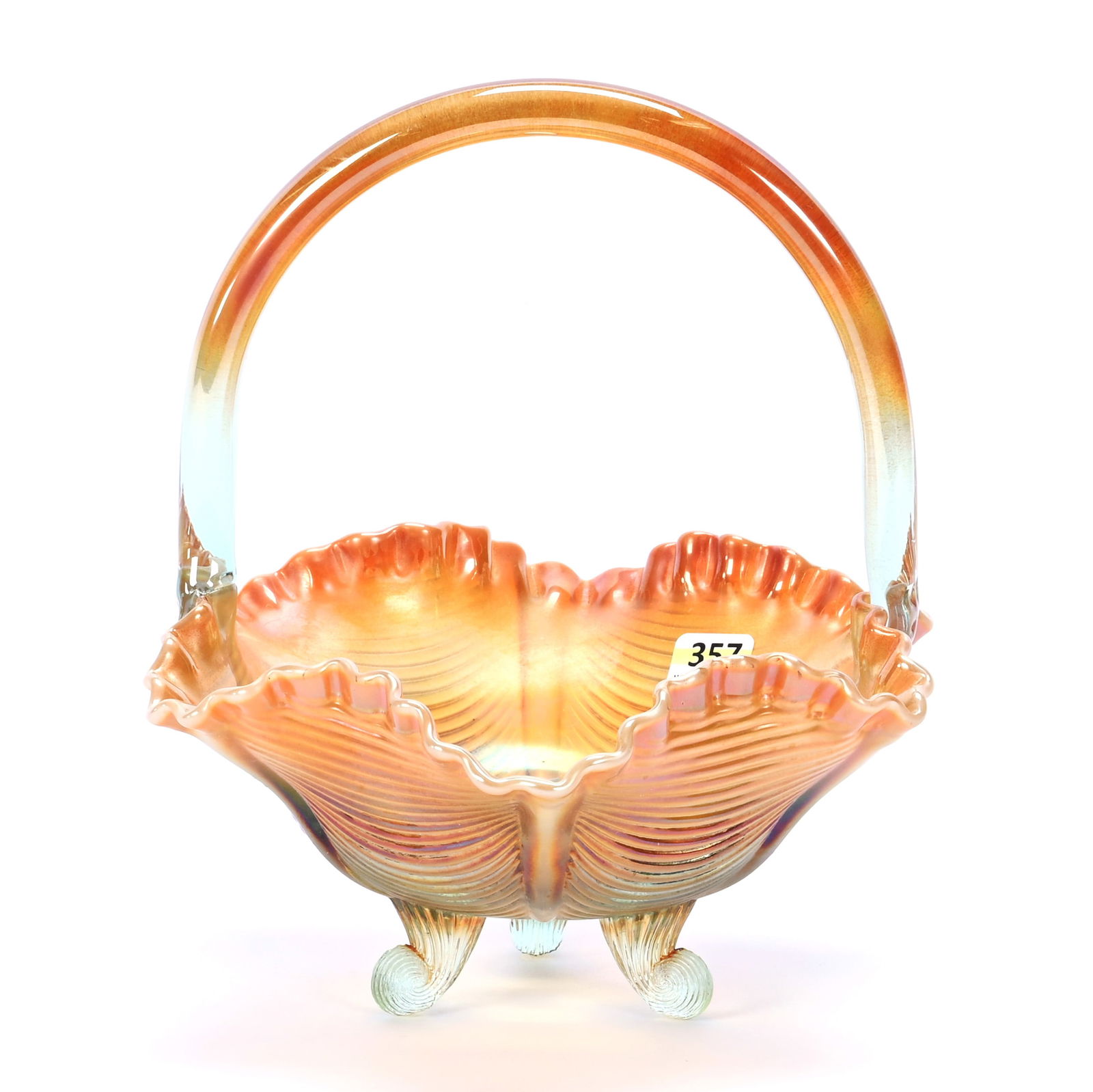 Footed Basket, Contemporary Carnival Glass, Drape Pattern By Fenton, Aqua Opal: Footed Basket, Contemporary Carnival Glass, Drape Pattern By Fenton, Aqua Opal, 8.75 x 7 x 8 Inches, 1.7 Pounds, Hazel Elaine Carlson Estate.