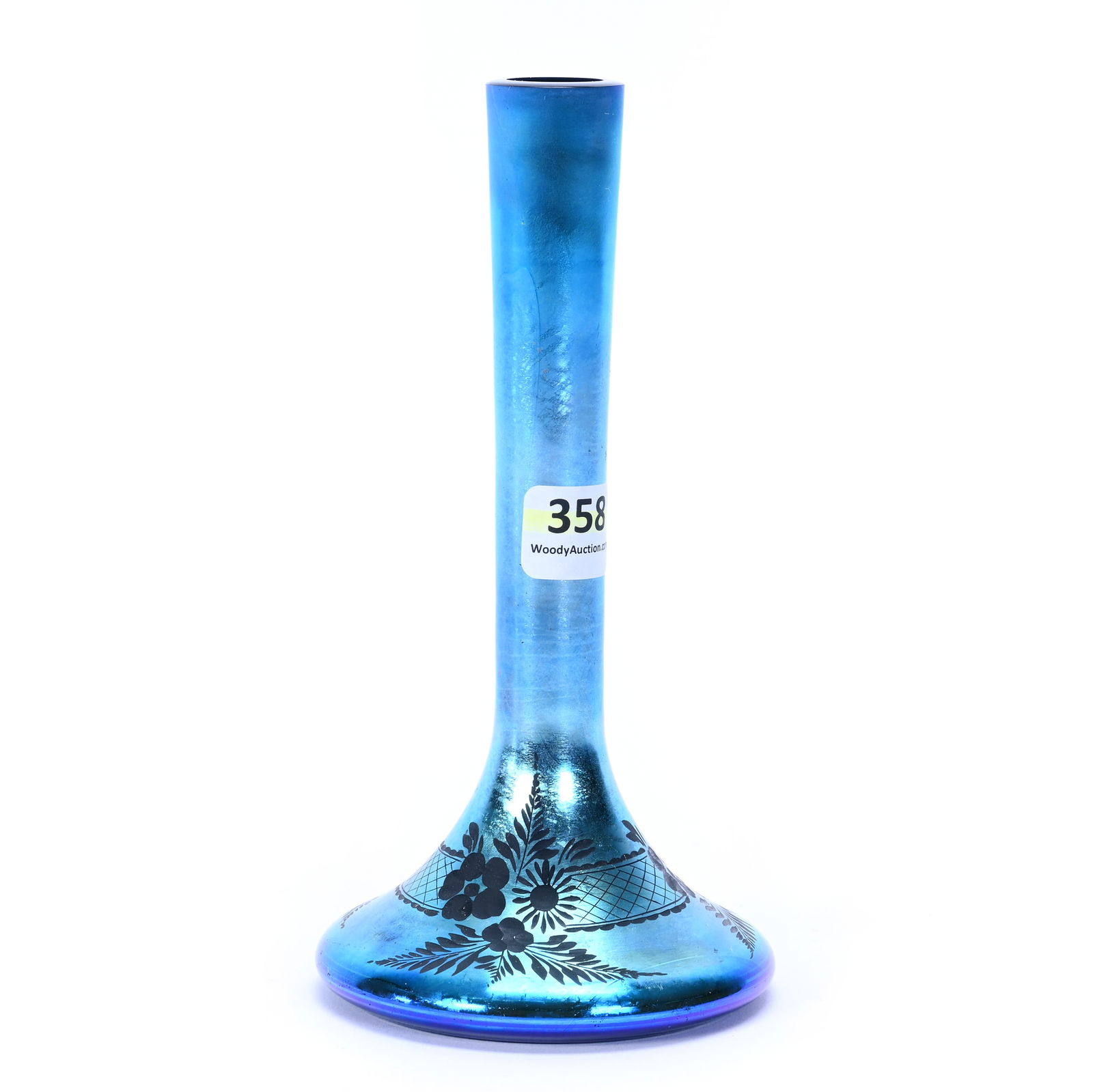 Bud Vase, Unmarked Steuben Aurene Art Glass: Bud Vase, Unmarked Steuben Aurene Art Glass, 6.75 x 3.5 x 3.5 Inches, Engraved Floral And Lattice Design, Nice Blue Iridescence, Professional Rim Polish, 0.5 Pounds, Hazel Elaine Carlson Estate.