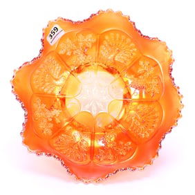 Scalloped Footed Bowl, Carnival Glass, Peacock And Grape Pattern By Fenton, Marigold