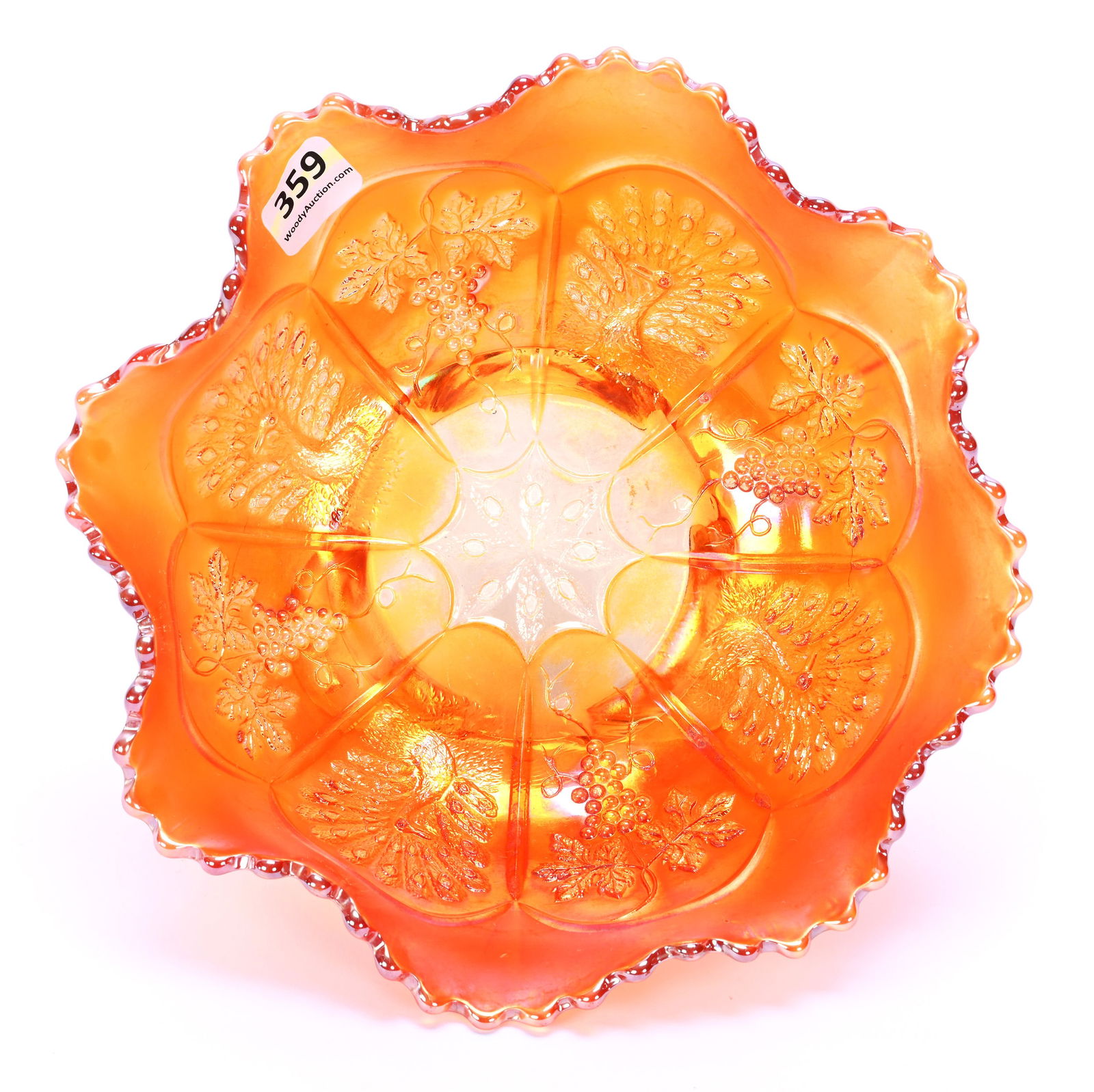 Scalloped Footed Bowl, Carnival Glass, Peacock And Grape Pattern By Fenton, Marigold: Scalloped Footed Bowl, Carnival Glass, Peacock And Grape Pattern By Fenton, Marigold, 7.75 x 7.75 x 3.5 Inches, 1 Pound, Hazel Elaine Carlson Estate.