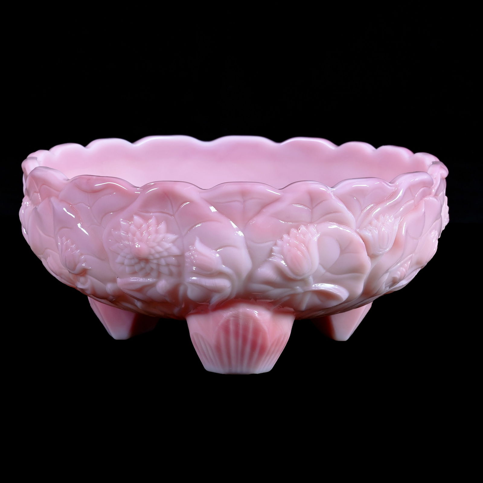 Footed Bowl, Contemporary Fenton Pink Slag Art Glass, Rosalene Color: Footed Bowl, Contemporary Fenton Pink Slag Art Glass, Rosalene Color, 3.25 x 7 x 7 Inches, Circa 1970's, Embossed Water Lily Design, 1.8 Pounds, Hazel Elaine Carlson Estate.