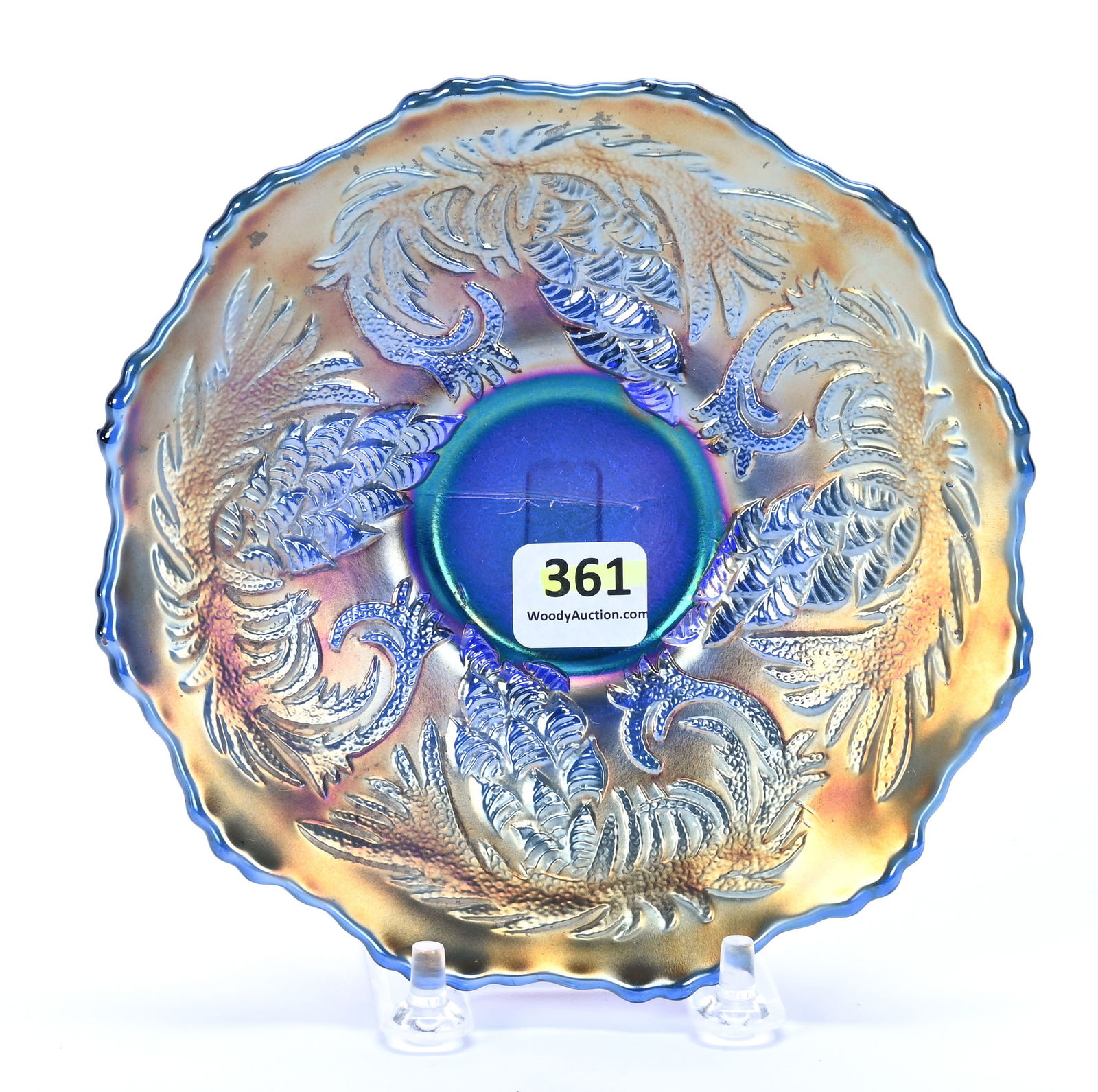Plate, Carnival Glass, Pinecone Pattern By Fenton, Blue: Plate, Carnival Glass, Pinecone Pattern By Fenton, Blue, 6 x 6 x 1.25 Inches, 0.6 Pounds, Hazel Elaine Carlson Estate.