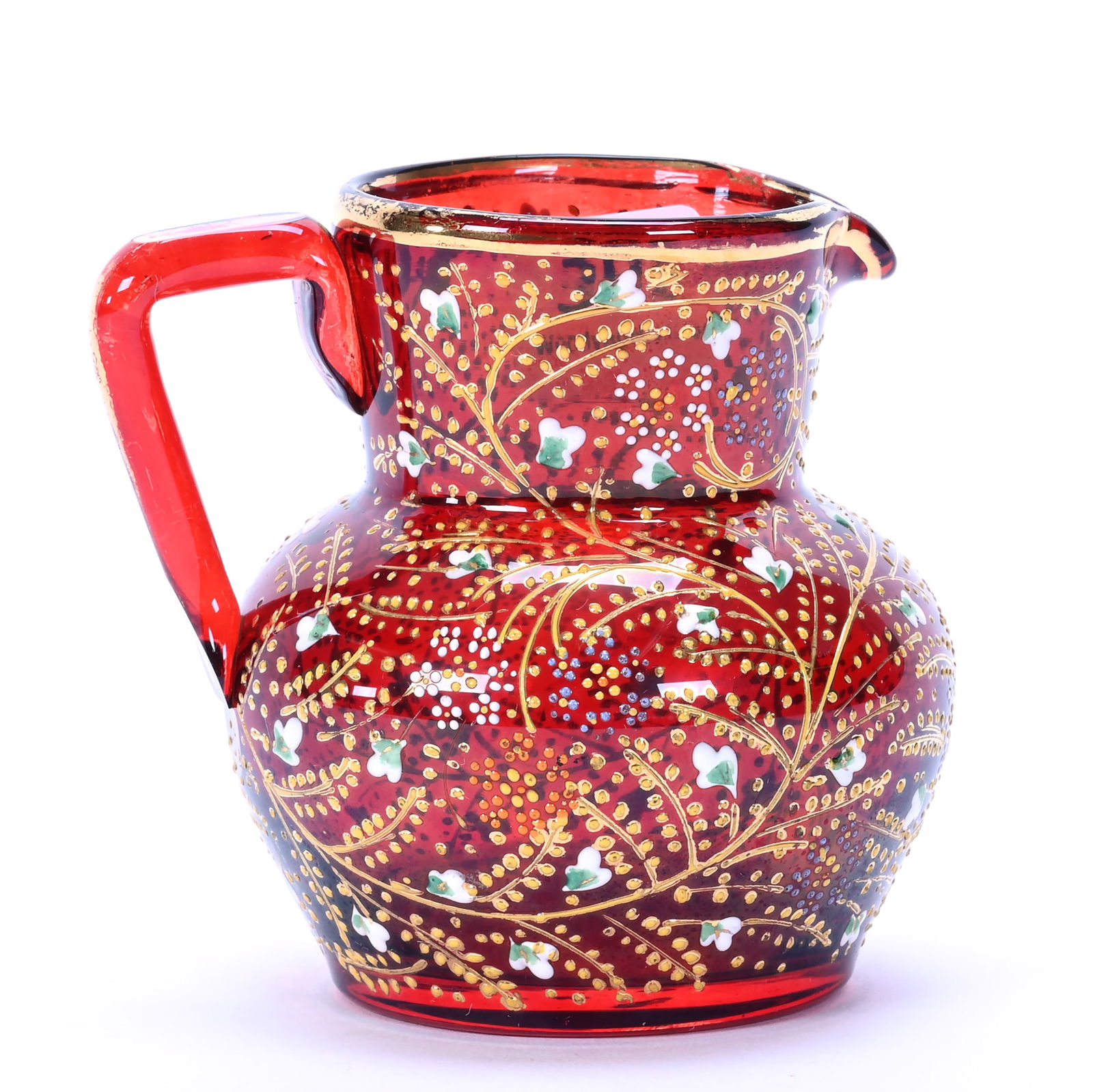 Small Pitcher, Unmarked Moser Art Glass, Dark Cranberry With Enameled Floral Decor: Small Pitcher, Unmarked Moser Art Glass, Dark Cranberry With Enameled Floral Decor, 3 x 3.25 x 2.75 Inches, Polished Pontil Base, 0.3 Pounds, Hazel Elaine Carlson Estate.