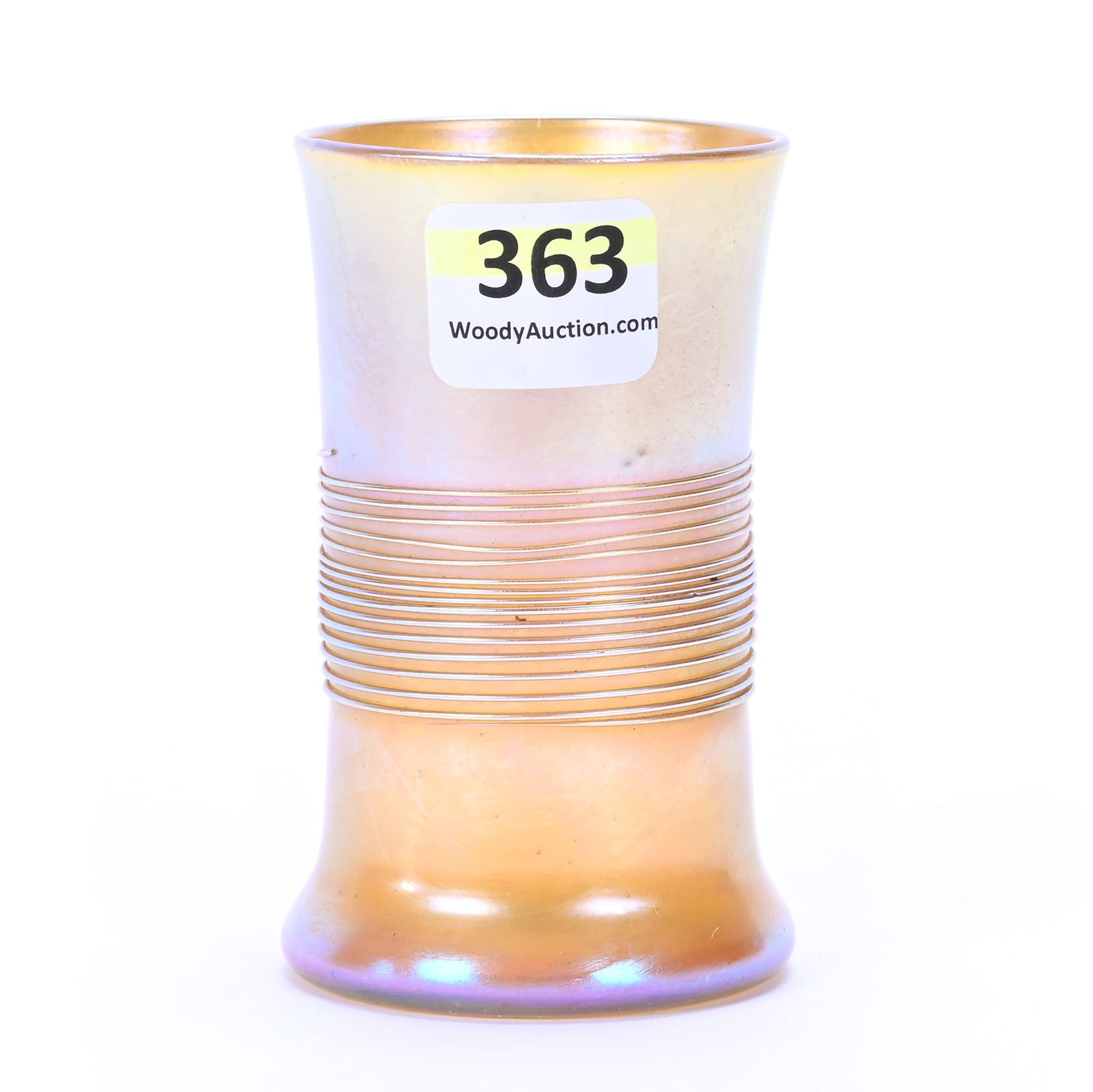 Vase, Art Glass, Marked L.C.T. #N1224, Gold Iridescent With Applied Threaded Mid-Section: Vase, Art Glass, Marked L.C.T. #N1224, Gold Iridescent With Applied Threaded Mid-Section, 3 x 2 x 2 Inches, 0.1 Pounds, Hazel Elaine Carlson Estate.