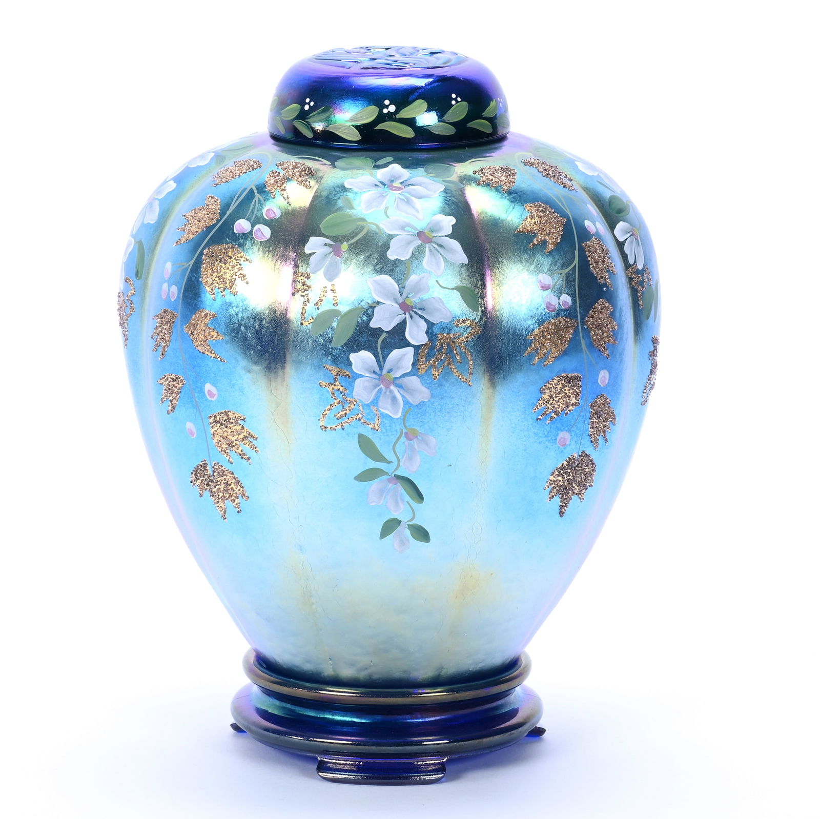 Ginger Jar With Stand, Contemporary Carnival Glass By Fenton, Limited Edition #156 Of 790: Ginger Jar With Stand, Contemporary Carnival Glass By Fenton, Limited Edition #156 Of 790, 8.5 x 6.5 x 6.5 Inches, Beautiful Blue Iridescence With Hand Painted Floral Decor, Artist Signed P.H., 3.3