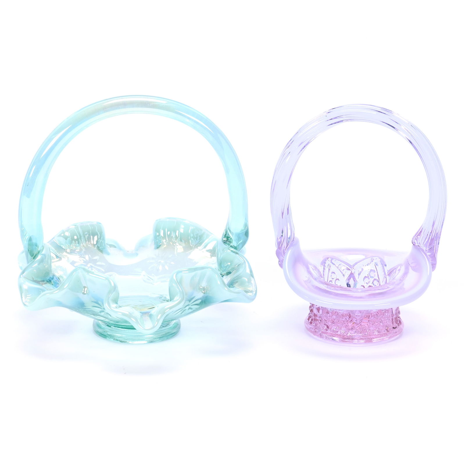 Two Contemporary Fenton Art Glass Baskets: Two Contemporary Fenton Art Glass Baskets, (1) 4.5" x 4.5" x 4.25" Sea Mist Opalescent, Frolicking Bear, (1) 4.25" x 3" x 3" Plum Opalescent, 0.7 Pounds, Hazel Elaine Carlson Estate.
