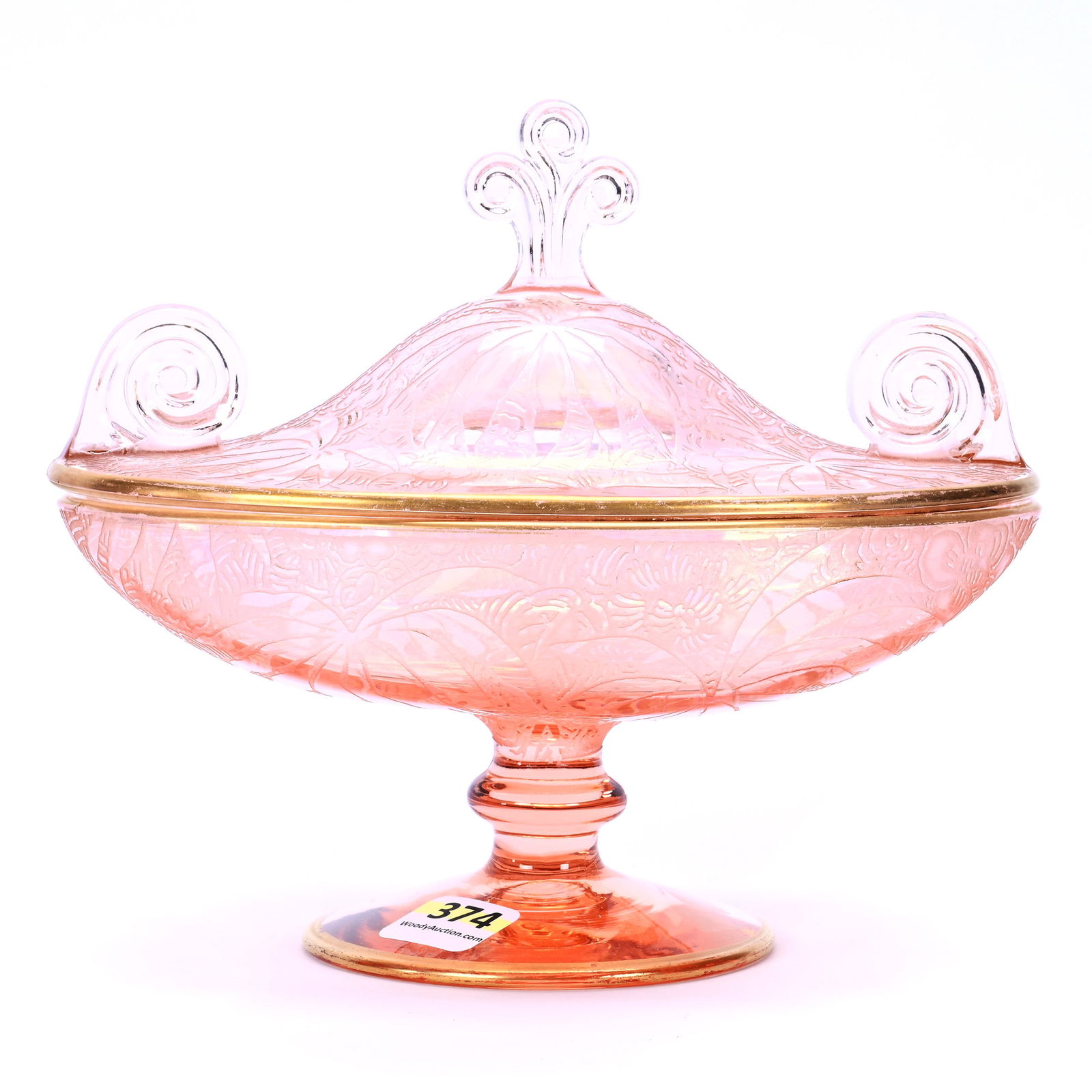 Oval Pedestal Covered Dish, Pink Depression Glass, Palms Pattern (1 of 3)