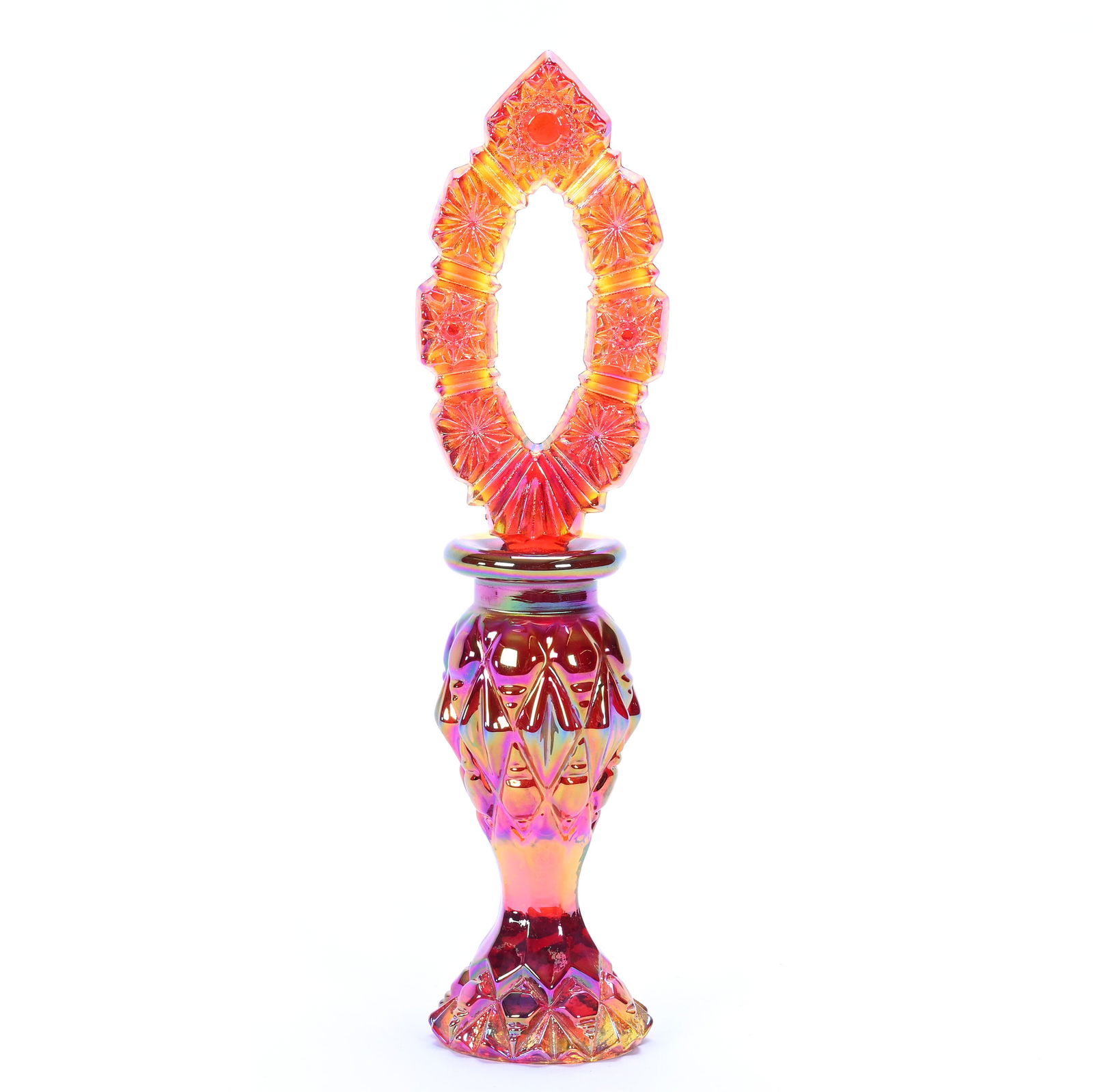 Perfume Bottle, Contemporary Carnival Glass By Fenton, Amberina Color, Geometric Designs (1 of 2)