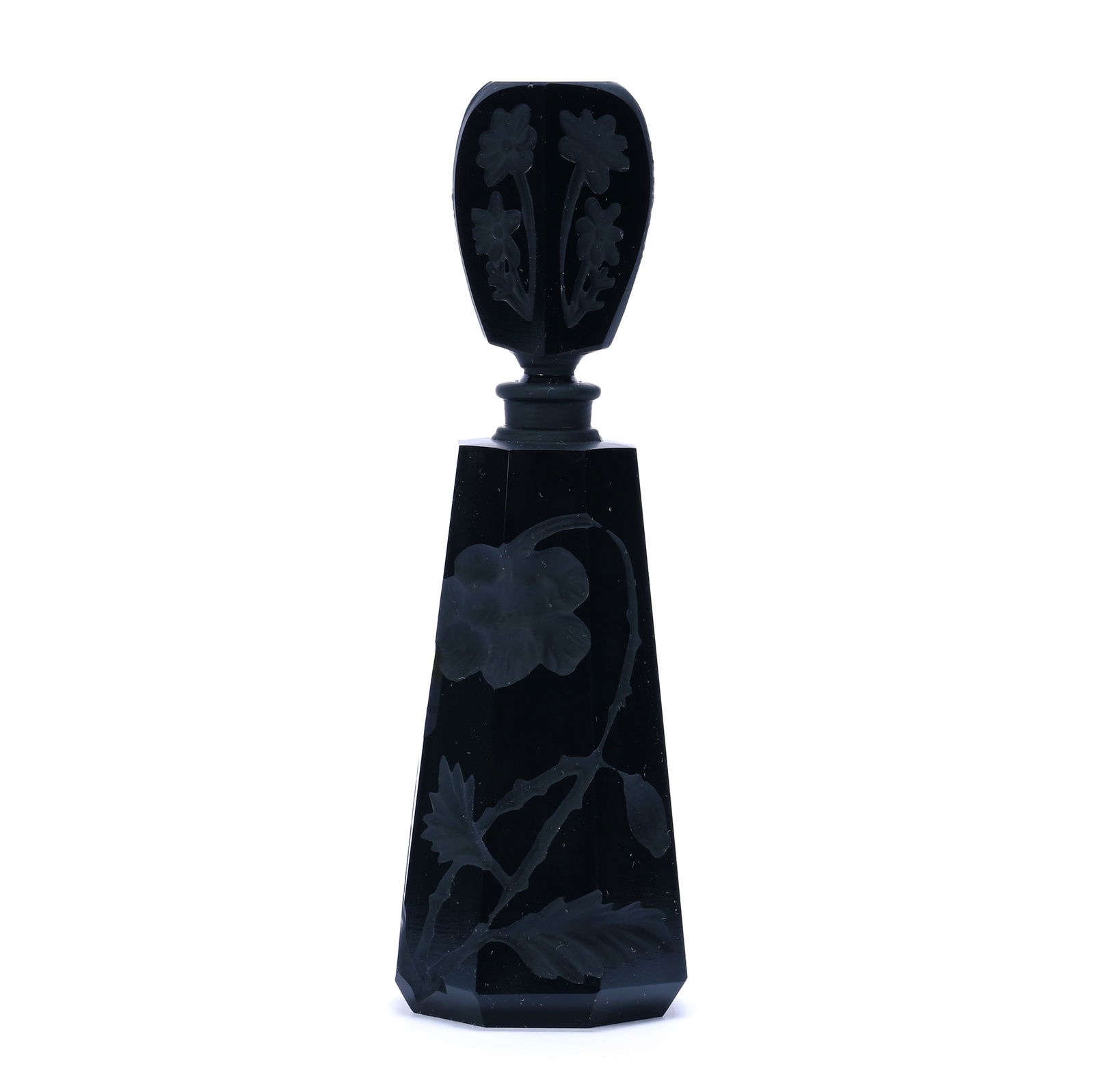 Eight Sided Perfume Bottle, Unmarked Black Amethyst: Eight Sided Perfume Bottle, Unmarked Black Amethyst, 6.5 x 2.25 x 2.25 Inches, Engraved Floral Design, Attributed To Czechoslovakia, 0.5 Pounds, Hazel Elaine Carlson Estate.
