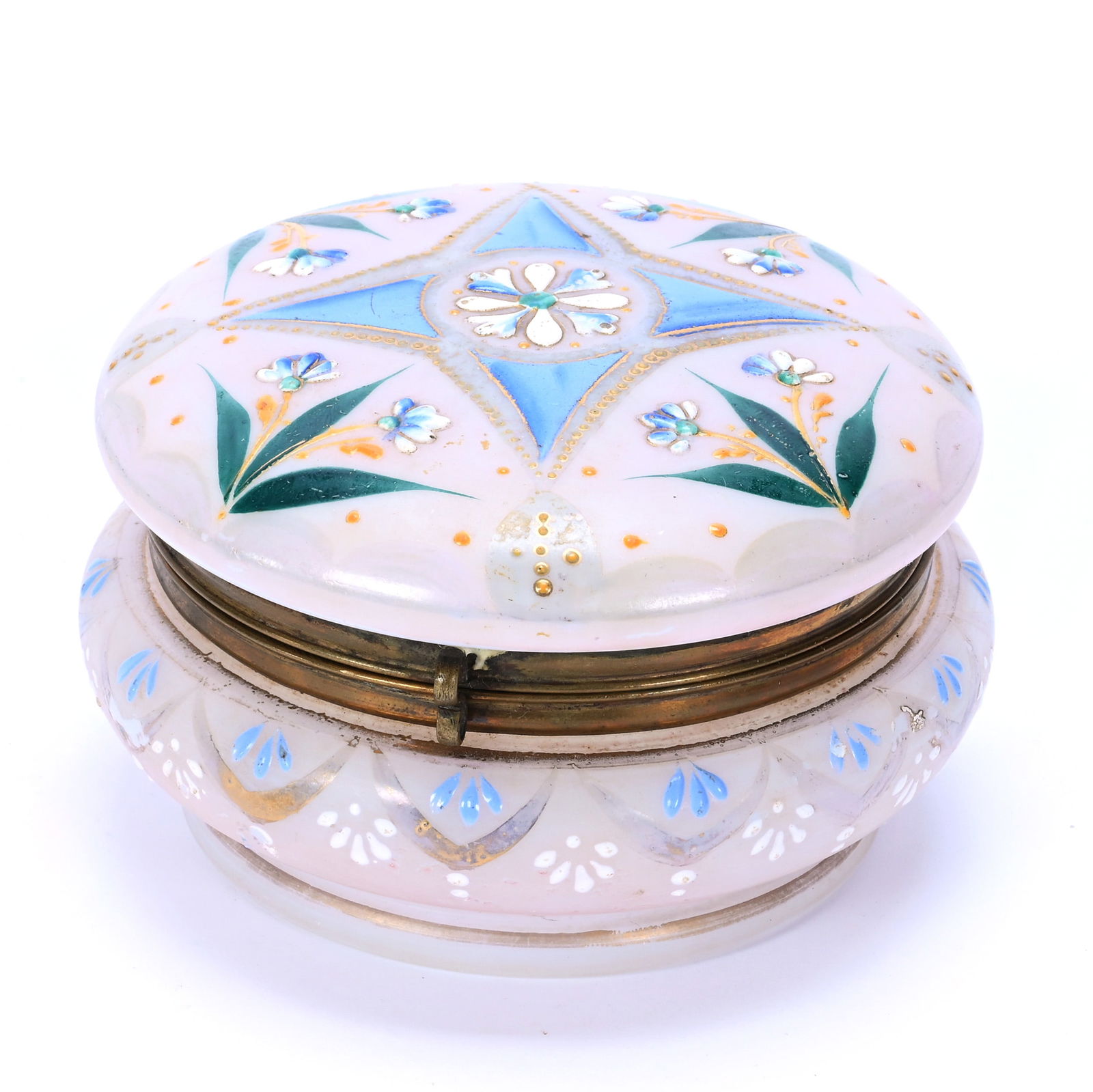 Jewel Box, Pink Opaline Semitranslucent Art Glass, Enamel Floral Decor (1 of 3)