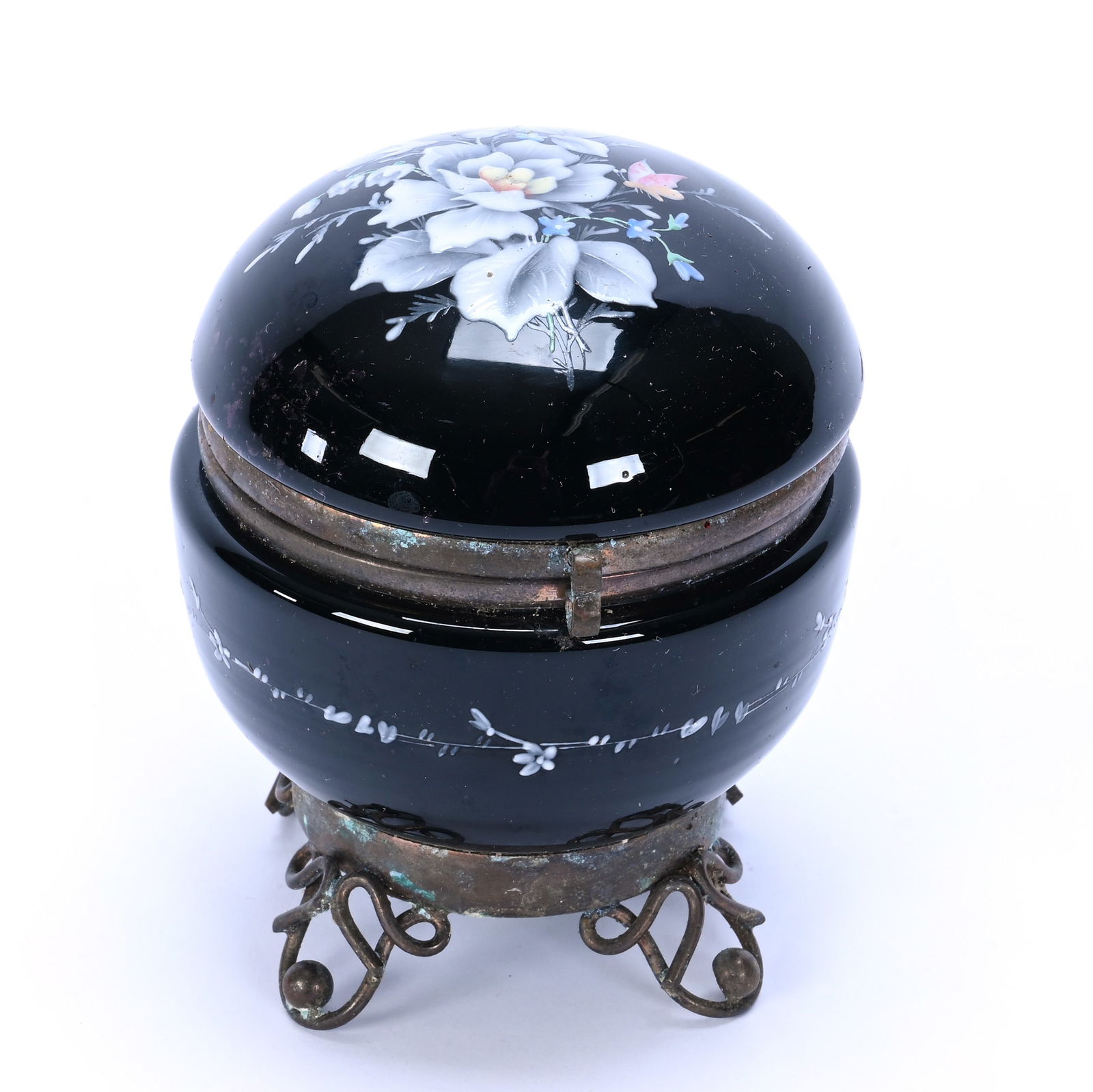 Jewel Box, Black Amethyst Art Glass With Enamel White Rose Decor (1 of 4)